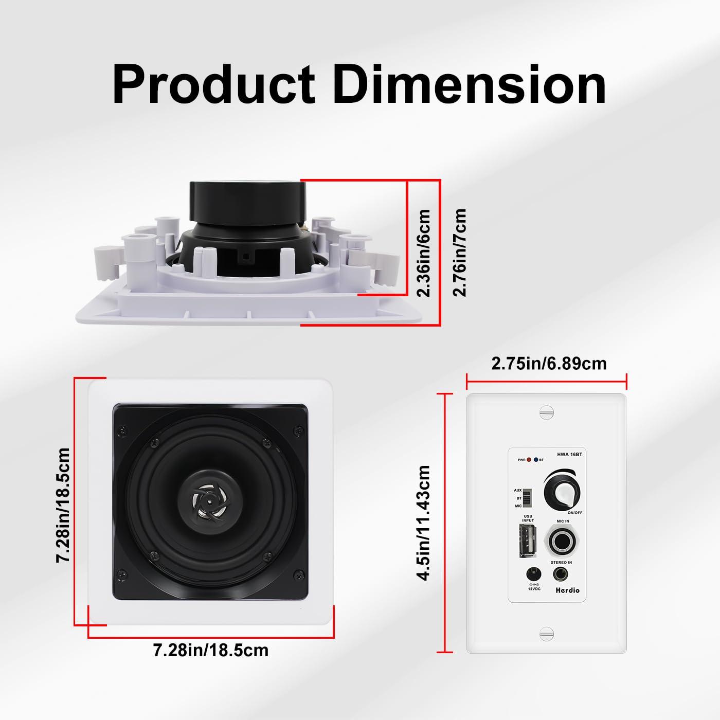 Herdio Herdio 5.25 Inches 2-Way Bluetooth Ceiling Speakers with 4 Channel Wall Amplifier, 320W Square in Wall Speaker System for Home Theater Office Kitchen, 2 Pairs