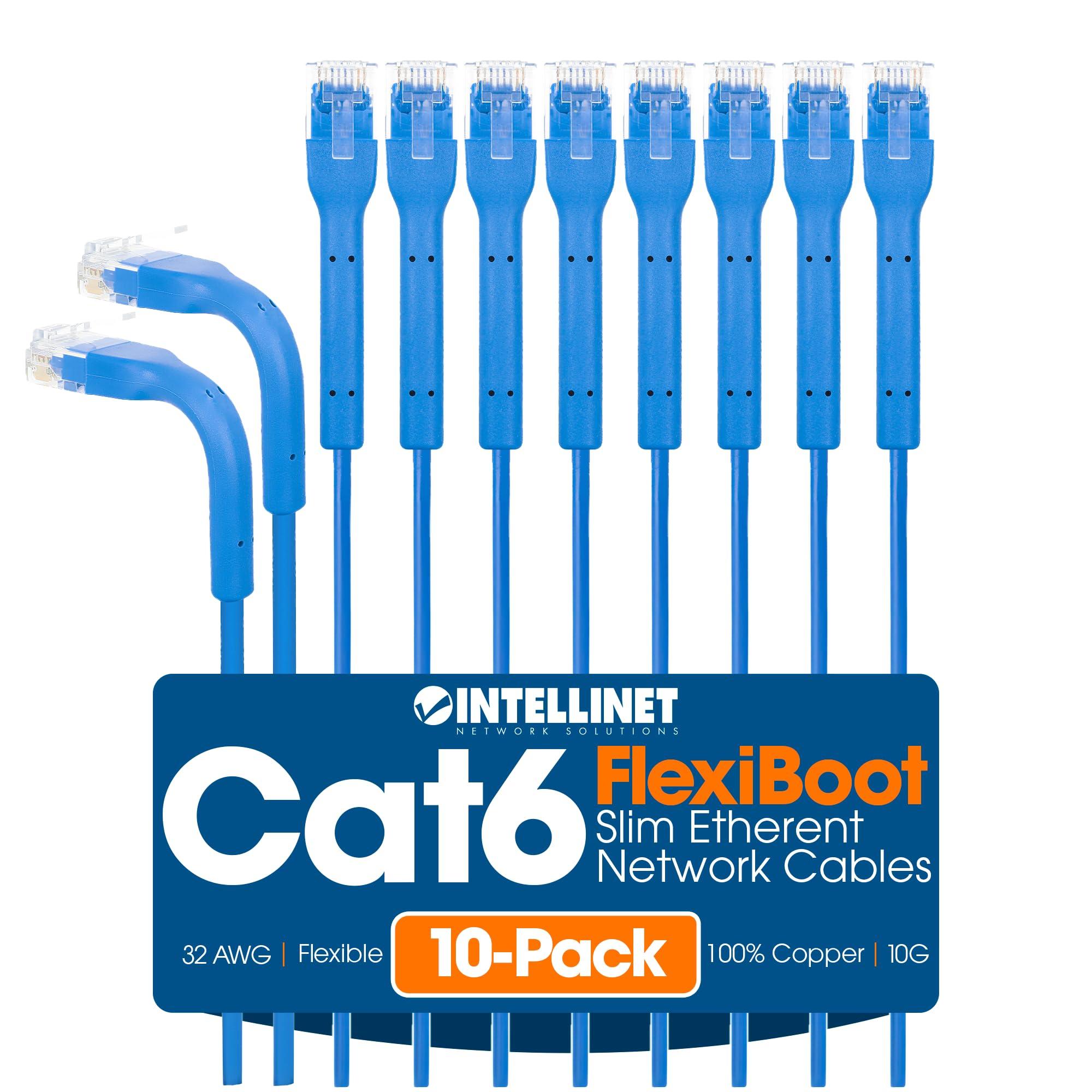 Intellinet Intellinet FlexiBoot Slim Cat6 Ethernet Network Patch Cable 10-Pack - 10Gbps & 250MHz, Flexible Bendable Boot, 32AWG Pure Bare Copper Wire, Gold-Plated Contacts - 14ft, Blue