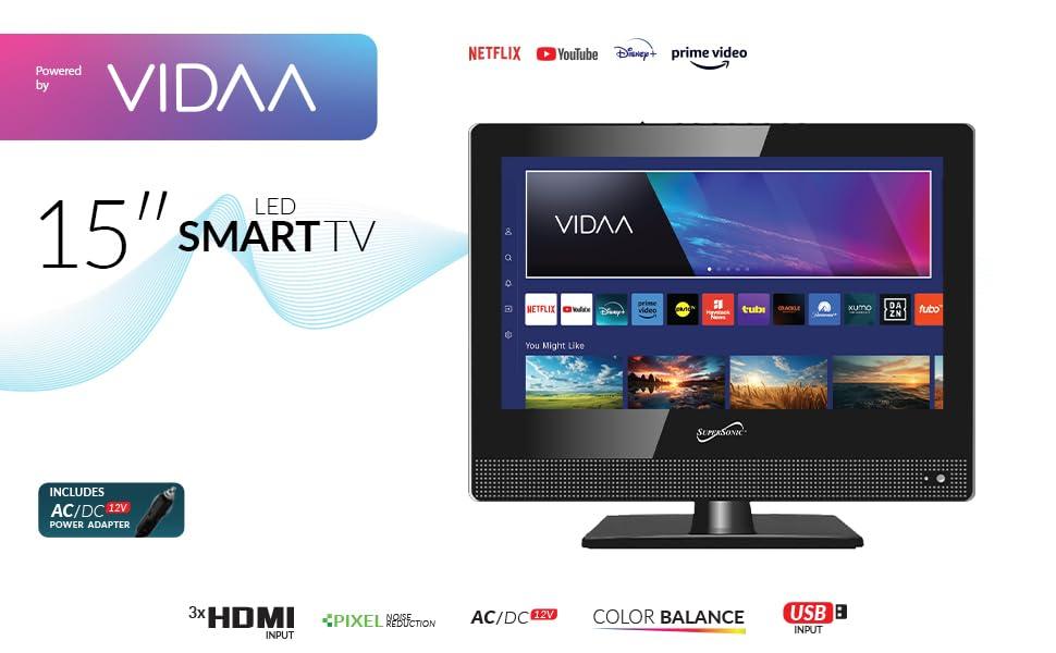 Supersonic Supersonic SC-1520VTV 15.6 inch Smart AC/DC LED TV, Powered by VIDAA, 1080p, WiFi, Built-in Speakers, USB, 3X HDMI ARC, For Kitchen, RV, Boat, Truck, Playroom, Room, Remote, DC Car Cord INCLUDED-Black