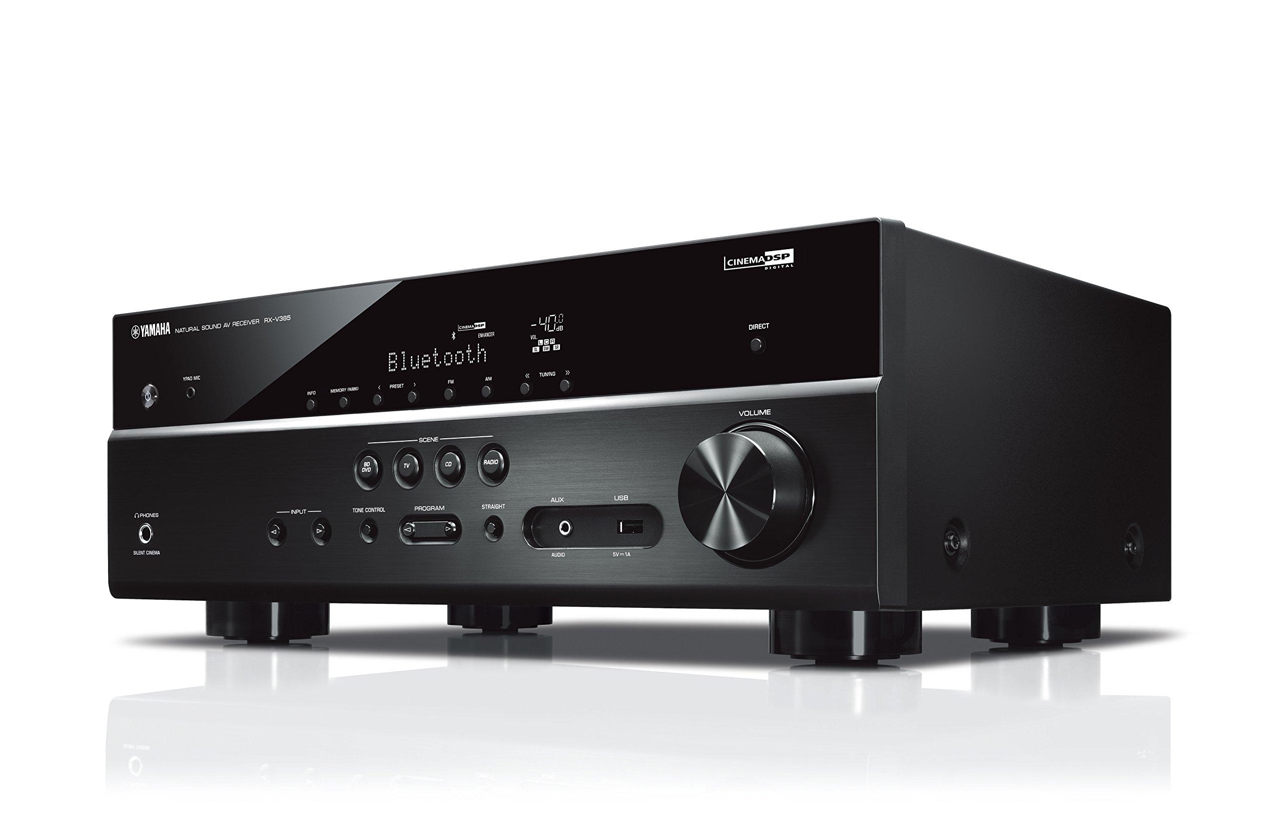 YAMAHA Yamaha RX-V385 5.1-Channel 4K Ultra HD AV Receiver with Bluetooth & 10\" 100W Powered Subwoofer - Black (NS-SW100BL)