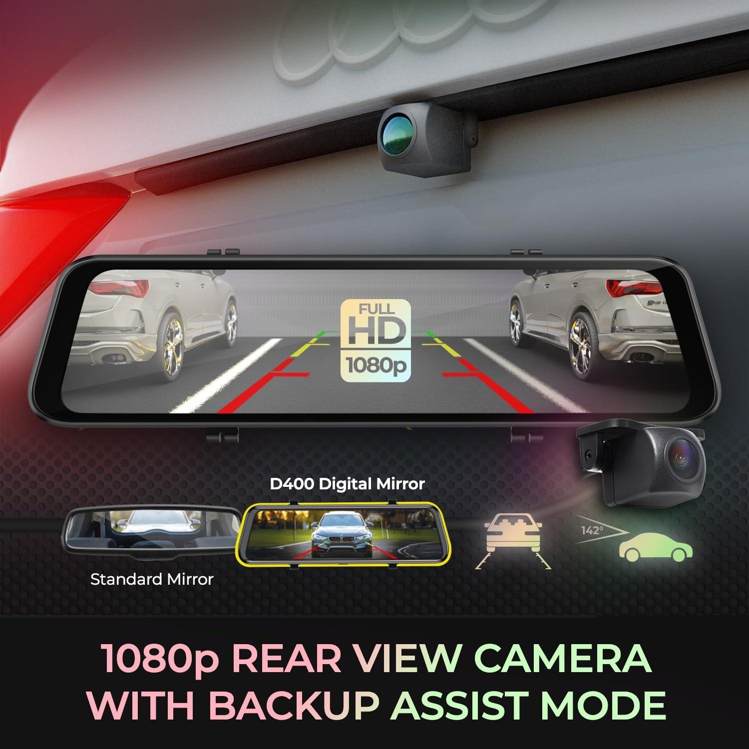 myGEKOgear GekoGear 12" 4K Mirror Dash Cam Backup Camera, 2160P Full HD Smart Rearview Mirror for Cars & Trucks, Front and Rear View Dual Cameras, Night Vision, Parking Assistance, Free 32GB Card & GPS