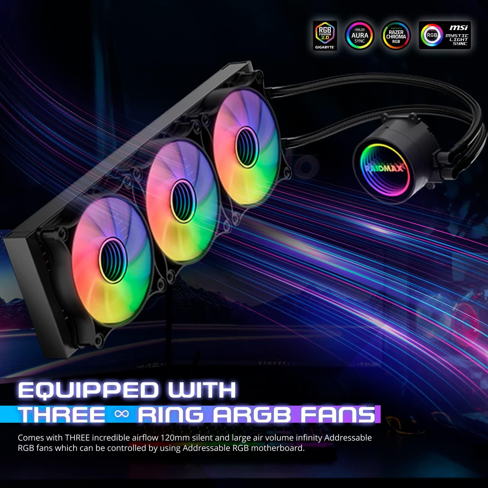 Raidmax Raidmax 360mm ARGB AIO CPU Liquid Cooler with 3 PWM Light Fans Compatible with Intel i5, i7, i9 and AMD ryzen CPU Socket, High-Performance Pump