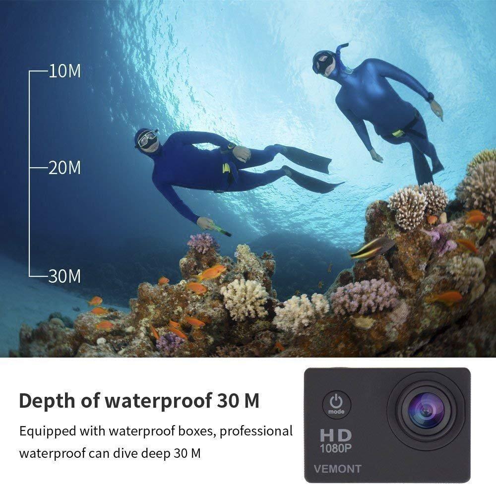 VEMONT VEMONT Action Camera, 1080P 12MP Sports Camera Full HD 2.0 Inch Action Cam 30m/98ft Underwater Waterproof Snorkel surf Camera with Wide-Angle Lens and Mounting Accessories Kit