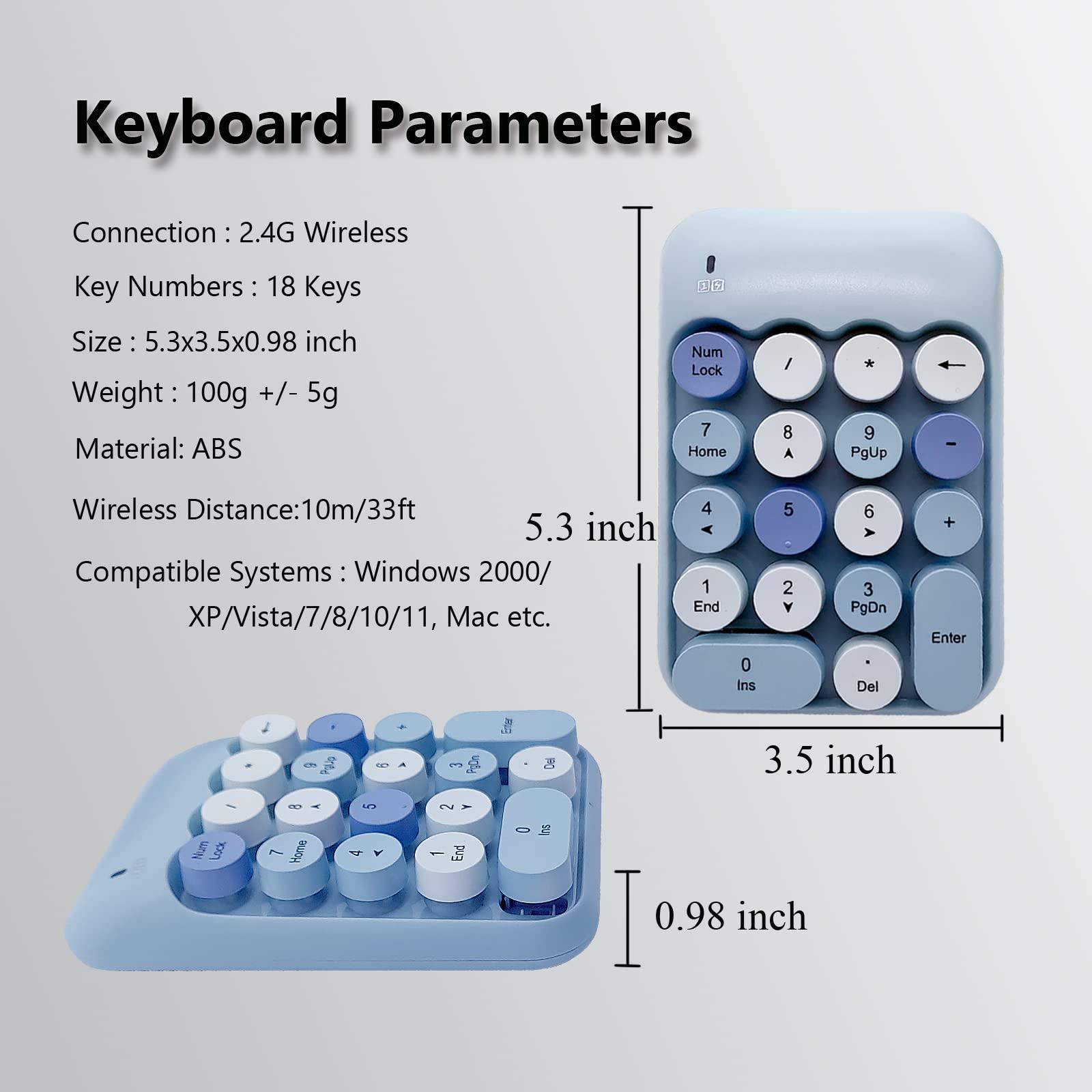 Seaciyan Seaciyan Wireless Number Pad, Ergonomic Cute Colorful Retro Mini Portable Numeric Keypad, 2.4G Cordless External Keyboard for Computer, Laptop (Blue)