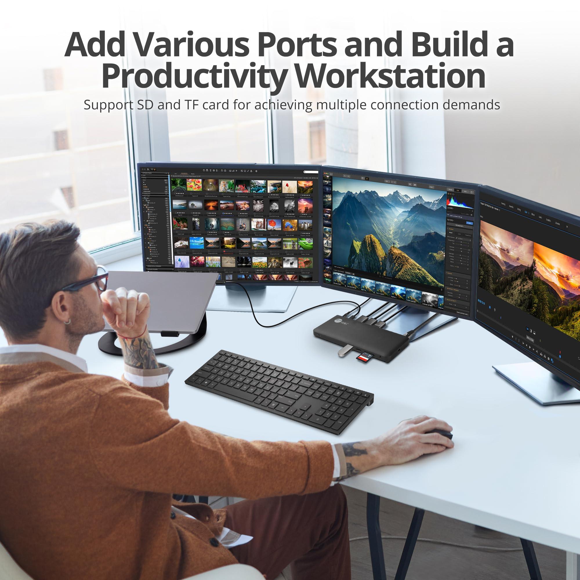 SIIG SIIG USB-C MST Triple Monitor Docking Station for Windows Thunderbolt 3 Compatible Single 4K Dual 2K Triple 1080p 65W PD, HDMI/DisplayPort, Gigabit Ethernet, SD/TF, USB 3.0 and Audio (JU-DK0R11-S1)