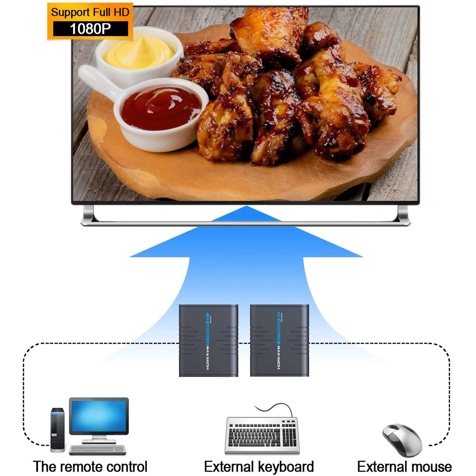 AGPTEK AGPtEK USB HDMI KVM Extender Over Single Cat 5/5E/6/7 Ethernet Cable- Signal Extension Up to 120m/365Ft- USB Keyboard Mouse Support- Adapter for Residential/Commercial Use