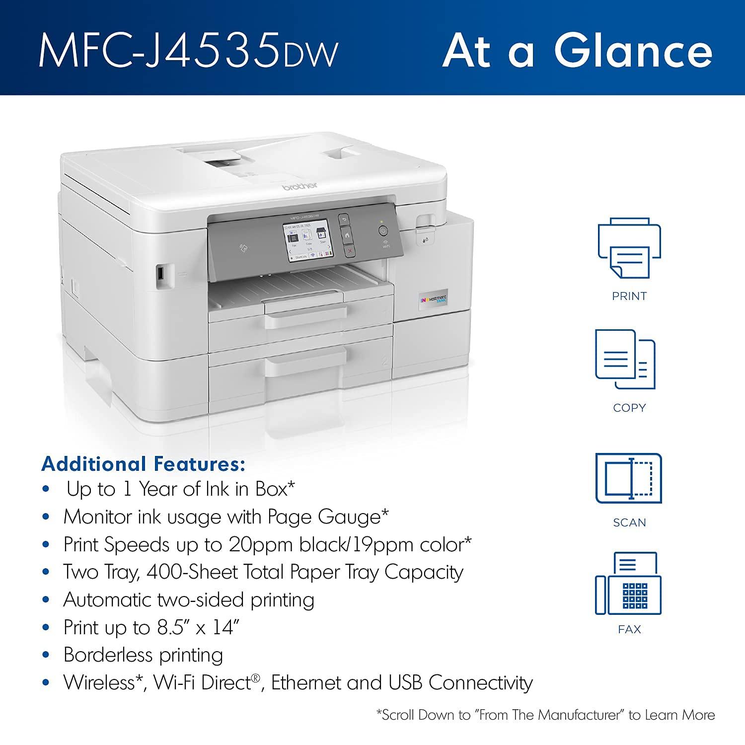 Brother Brother MFC-J4535DW INKvestment Tank All-in-One Color Inkjet Printer with NFC, Duplex and Wireless Printing Plus Up to 1-Year of Ink in-Box (Renewed)