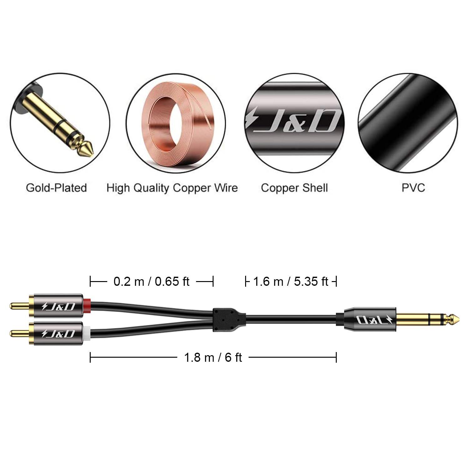 J&D J&D 1/4 inch TRS to Dual RCA Audio Cable, Gold Plated Copper Shell Heavy Duty 6.35mm 1/4 inch Male TRS to 2 RCA Male Stereo Audio Y Splitter Cable, 6 Feet