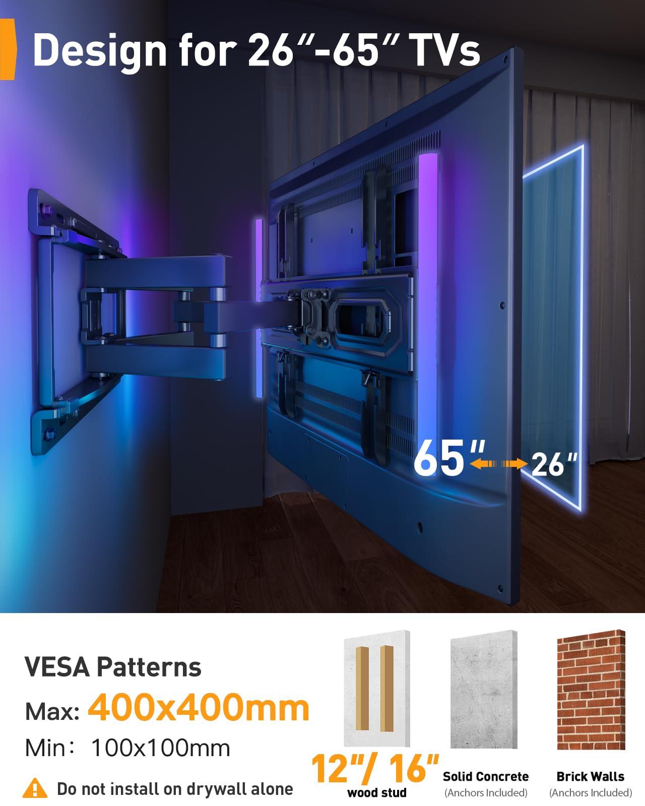 Perlegear Perlegear Pre-Assembled TV Wall Mount with LED Lights for 26-65 inch TVs up to 99 lbs, Max VESA 400x400mm, Swivel, Extension, Tilt, TV Backlights with Music Sync, Fits 16/12 Wood Studs, PGMF20