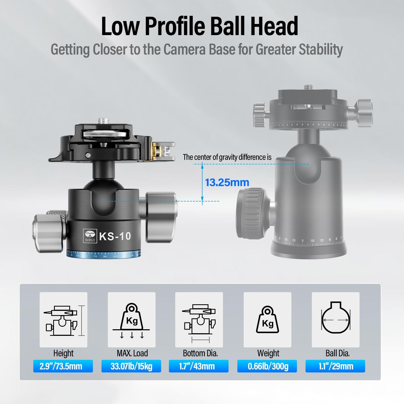 Sirui SIRUI Ball Head for Tripod, 29mm Low Profile Ball Head KS-10, 360 Panoramic Aluminium Alloy Tripod Head for DSLR Camera, Camcorder, Ball Head for Tripod, Monopod, Camera Slider, Max Load 15KG