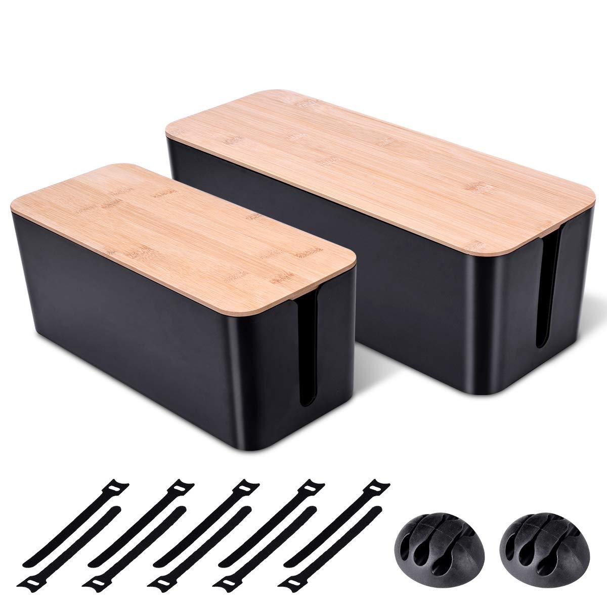 Chouky 2 Pack Large Cable Management Box  Wooden Style Cord Organizer Box and Cover for TV Wires, Computer, Router, USB Hub and Under Desk Power Strip  Safe ABS Material and Baby-Pets Proof Lock (Black)