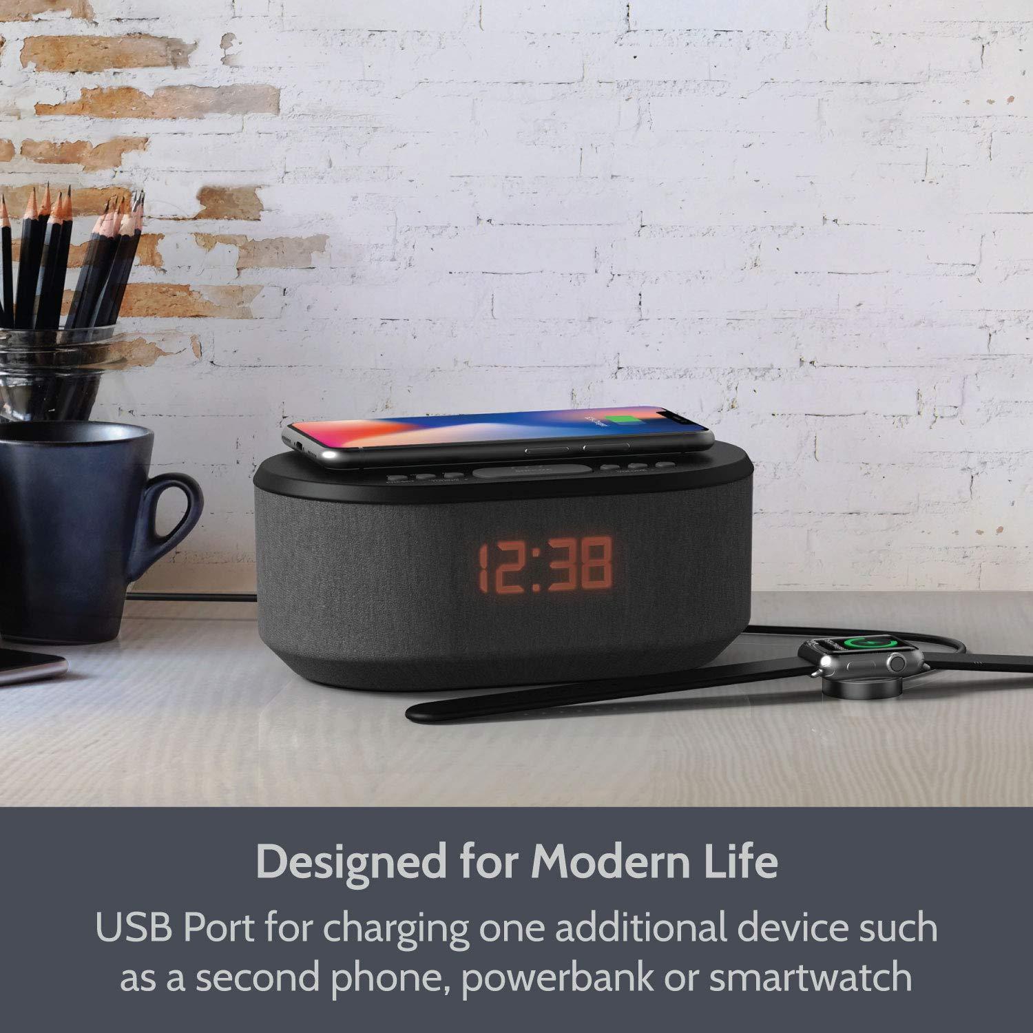 i-box i-box Alarm Clock Radio with Wireless Charging, Bluetooth Speakers, USB Port, Dimmable Night Light