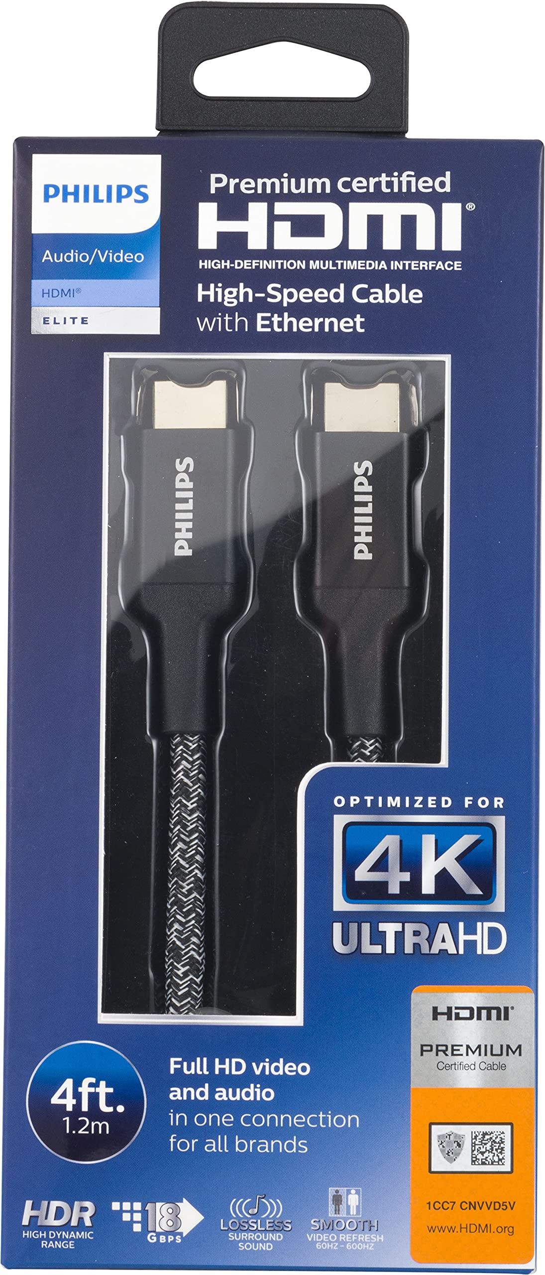 Philips Accessories Philips Premium Certified HDMI Cable, 4 ft. 1080p 120Hz 4K 60Hz, 18Gbps Ethernet HDMI 2.0, Gold Connectors, Braided Cable, for TV, Monitor, Laptop, PS4, PS5, Xbox One X S, SWV6120P/27