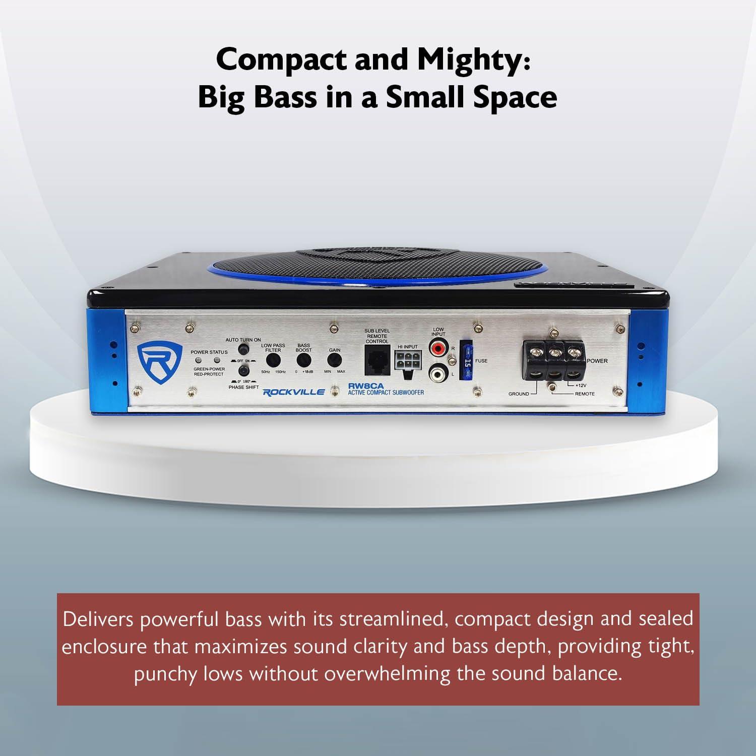 Rockville Rockville RW8CA 8" 600 Watt Low Profile Under-Seat Active Powered Car Subwoofer, Black