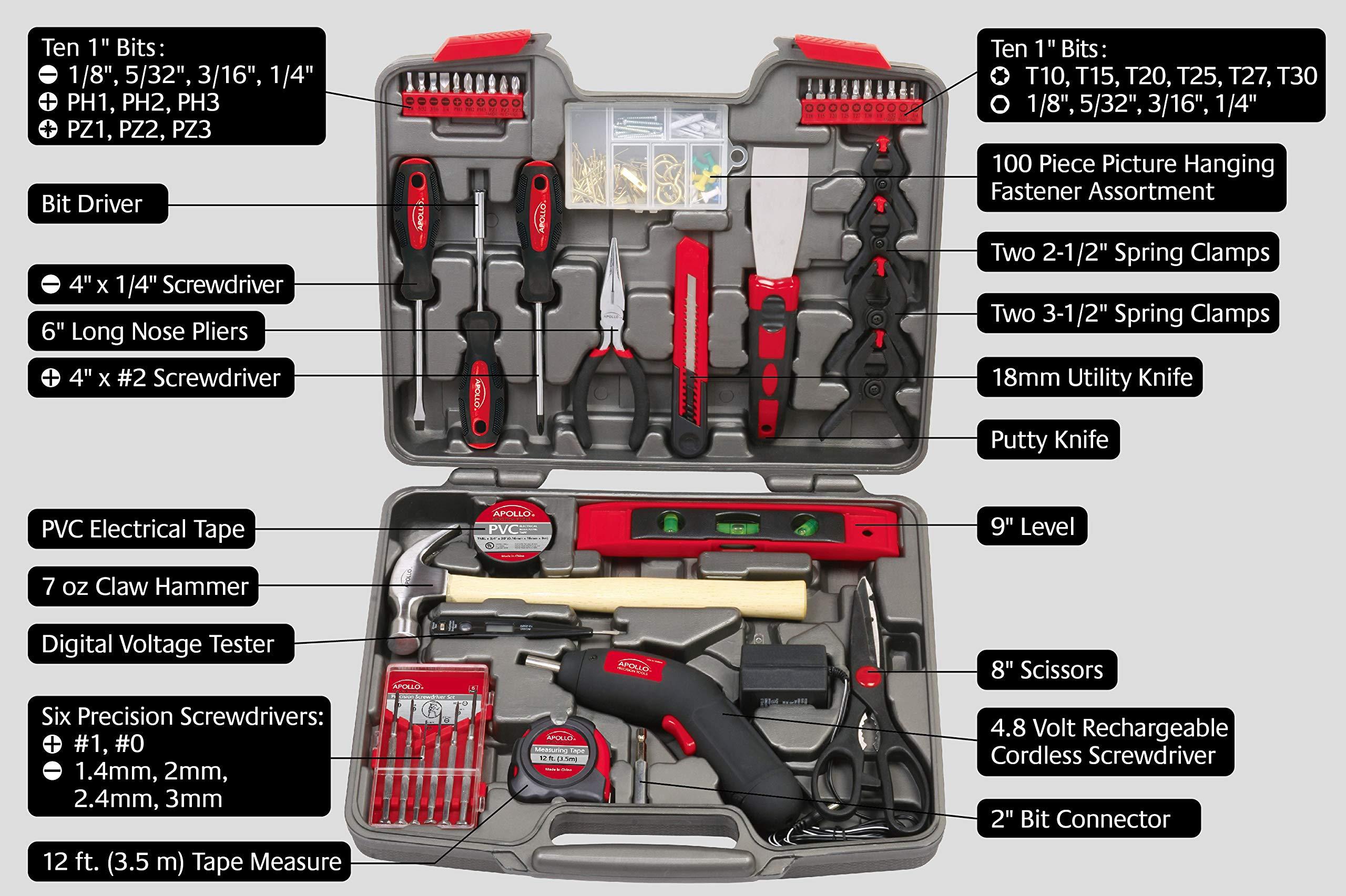 Apollo Tools Apollo Tools 144 Piece Household Tool Set with Convenient Cordless Screwdriver and Most Used Tools in Sturdy Carrying Case for Home Repairs, DIY and Crafts - Red - DT8422