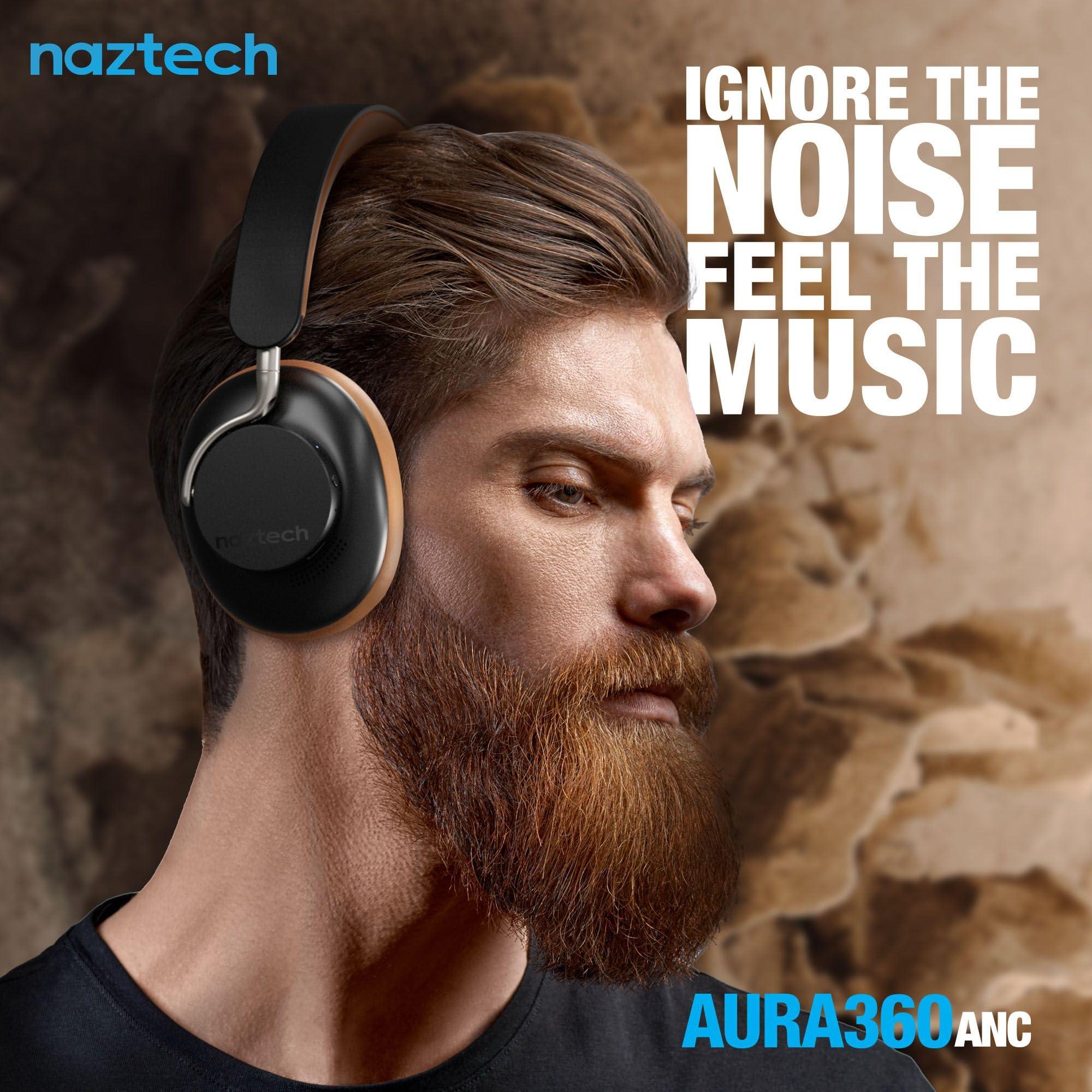 Naztech Naztech Aura 360 Vintage 24HR ANC Over Ear Headphone Wireless, Noise Cancelling Headphones Over Ear, Bluetooth Headphone Gym, Active Noise Cancelling Head Phones, Multipoint Connection Dual Voice Mic