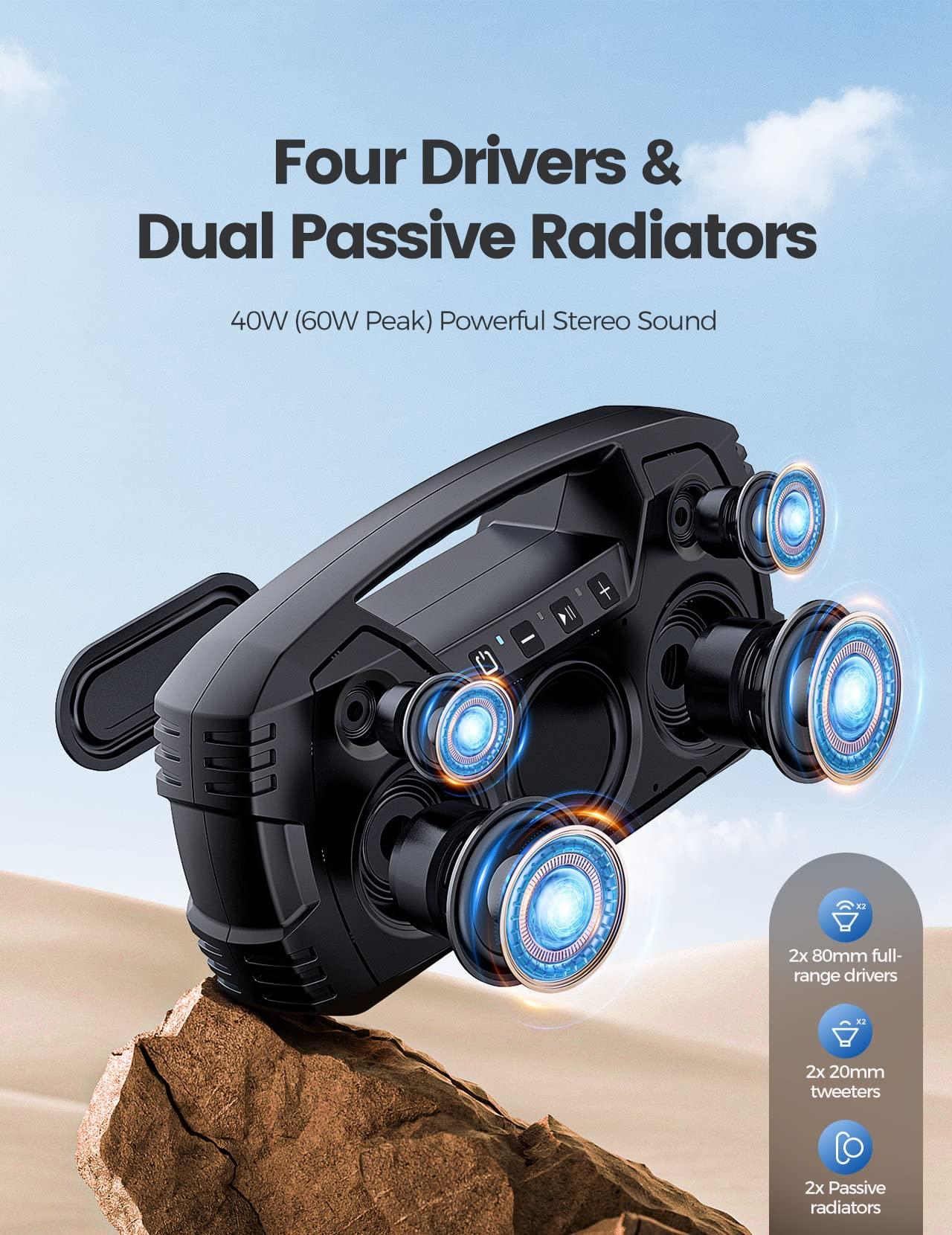 Houl Zallee IPX7 Waterproof Bluetooth Speaker, 40W(60 Peak) Portable Wireless Speakers with Subwoofer, 32H Playtime, Stereo Loud Sound, Deep Bass, Bluetooth 5.0 with Handle for Pool, Beach, Outdoor, Gifts