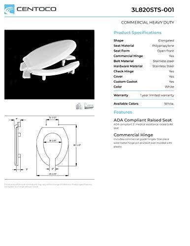 Centoco Centoco 3 inch Raised Toilet Seat for Seniors, Elongated, Open Front with Cover, Plastic, Made in the USA, 3L820STS-001, White