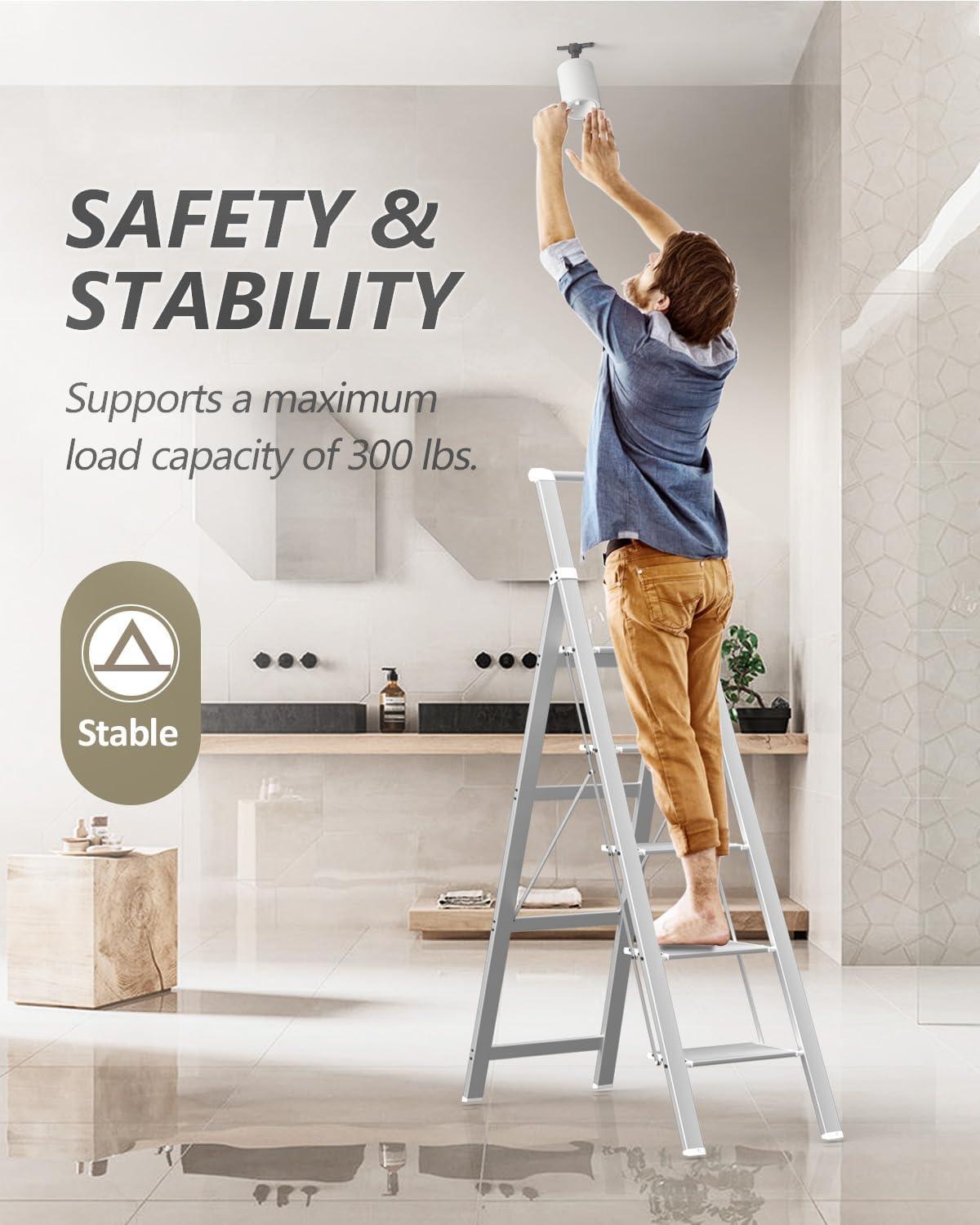 Soladder SOLADDER 5 Step Ladder, Folding Step Stool, White Foldable Ladder for 10 Foot High Ceiling with Anti-Slip Wide Sturdy Pedal and Handgrip, Multi-Use for Home (300 lbs Capacity)