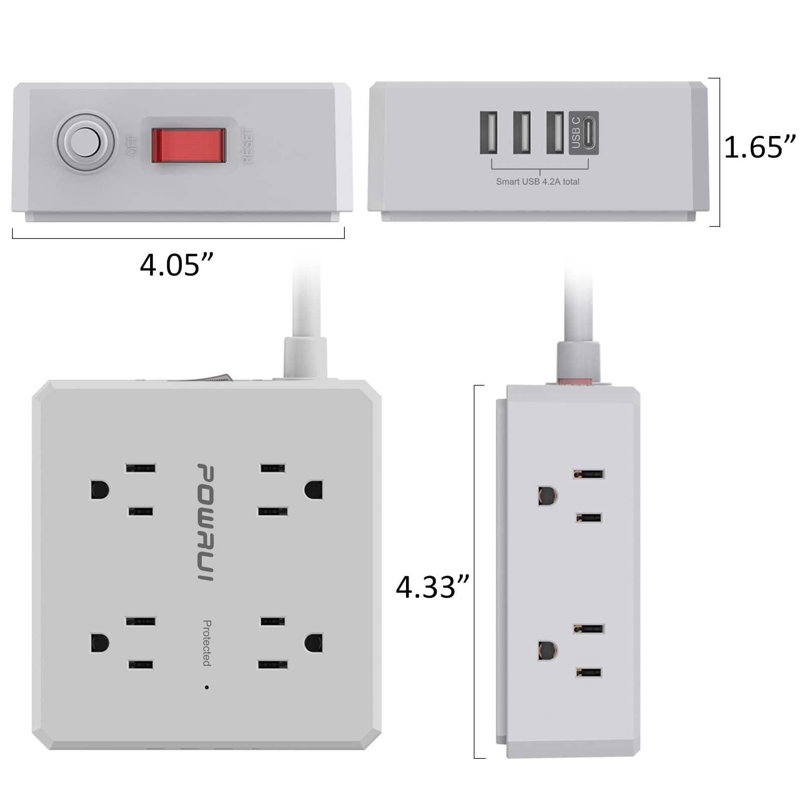 POWRUI Surge Protector Power Strip - 6 Ft Flat Plug Extension Cord with 8 Widely Outlets and 4 USB Ports(1 USB C), 3 Side Outlet Extender for Home Office, Grey, ETL Listed