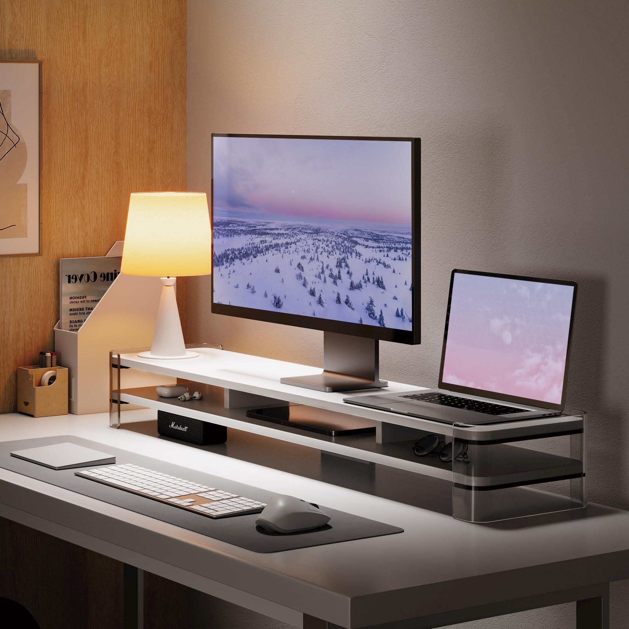 Fenge Fenge Acrylic Monitor Stand Riser, Clear Dual Acrylic Computer Monitor Stand for 2 Monitors, 2 Tier Wood Office Desk Storage Organizer for Laptop, Computer, TV Stand