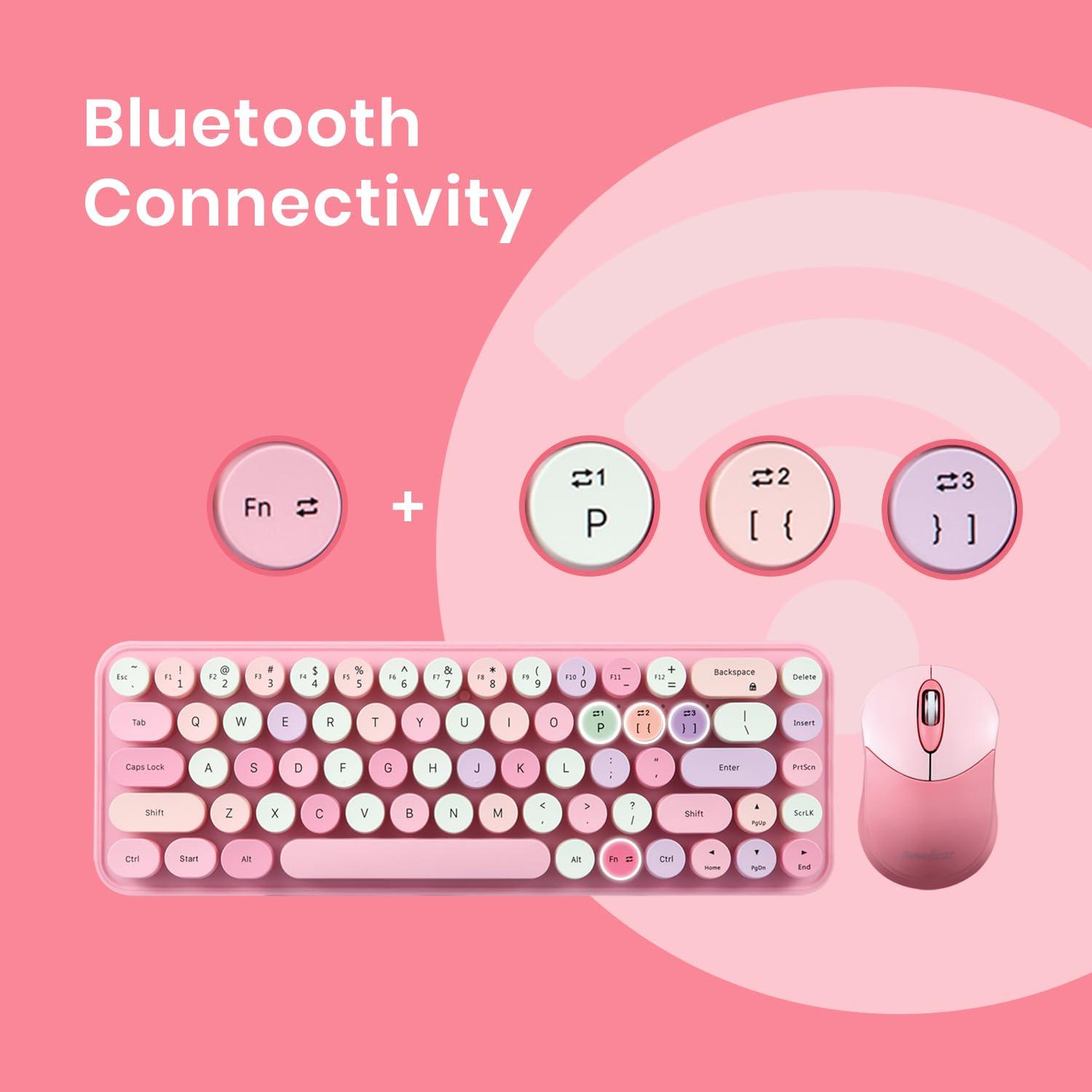 Perixx Perixx PERIDUO-802PK Bluetooth Mini Keyboard and Mouse Combo - Retro Round Key Caps - Pastel Pink - US English