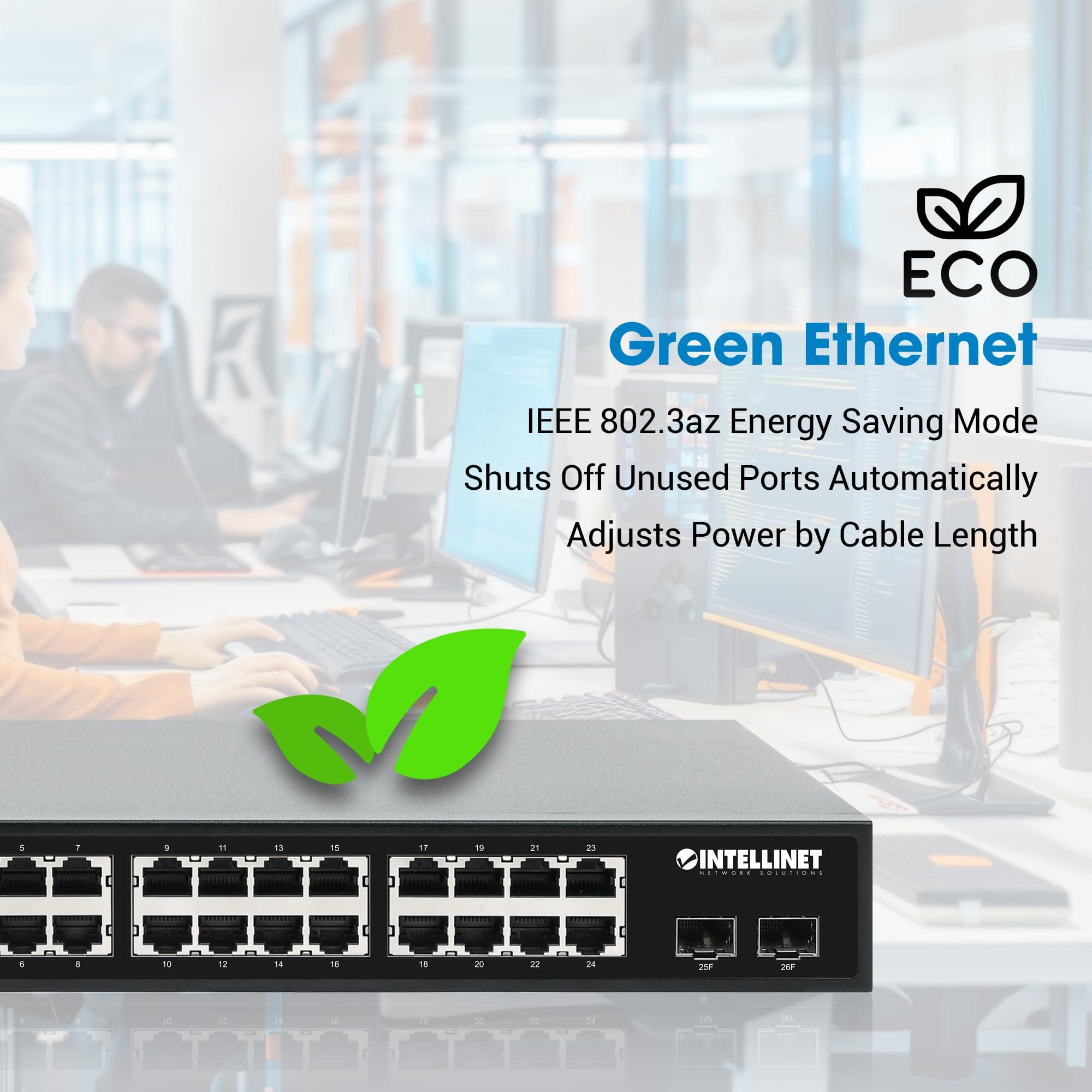 Intellinet Intellinet 24-Port Unmanaged PoE+ Gigabit Ethernet Switch - 370W Power Budget, 2 x 1Gbps SFP Ports, Rackmount/Desktop, Autosensing Ports, Sturdy Metal 3 Yr Mfg Warranty - 561891