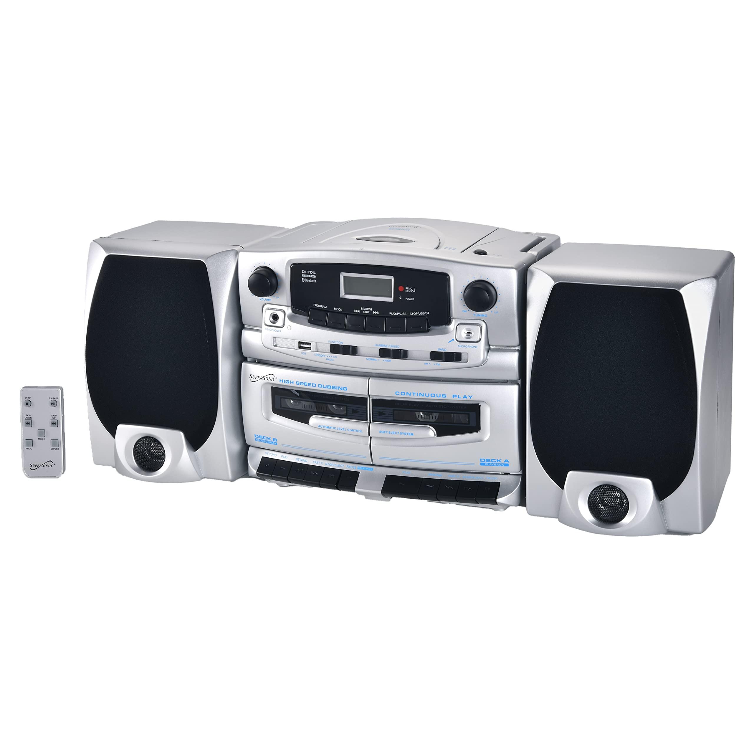 Supersonic Supersonic SC-2121BT Bluetooth Entertainment Audio System, Bluetooth 5.0, op Loading MP3/CD Player, AM/FM Radio, USB Input, Double Cassette Recorder, High-Performance Detachable Speakers, AC/DC