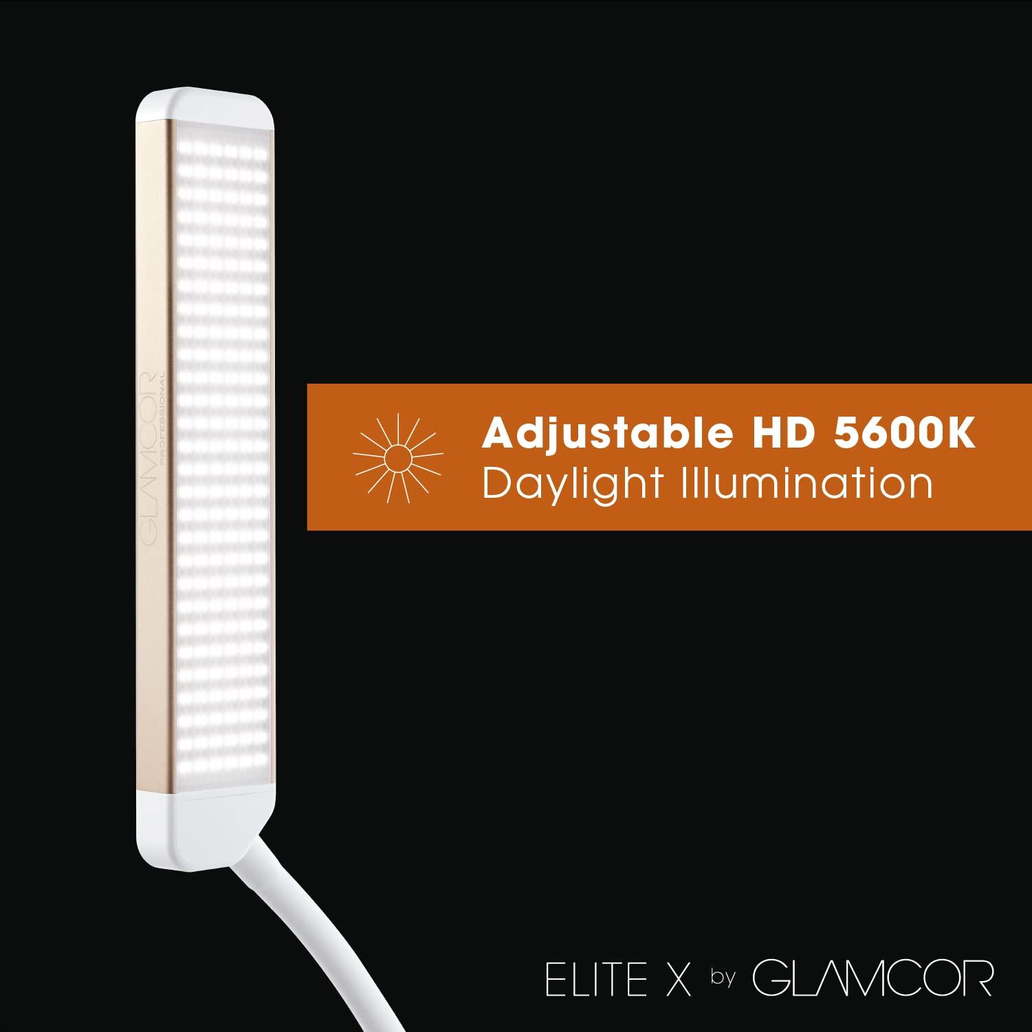 Glamcor GLAMCOR Elite X Portable LED Lighting Kit for Eyelash Extension, Esthetician, Makeup, Filming & Photography | 5600K Five-stage Dimming Daylight, with Travel Bag & Tripod (White/Gold)