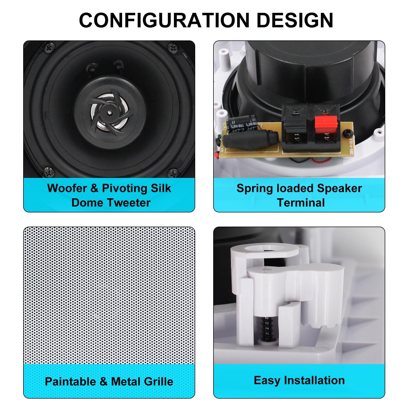 Herdio Herdio 5.25 Inches 2-Way Bluetooth Ceiling Speakers with 4 Channel Wall Amplifier, 320W Square in Wall Speaker System for Home Theater Office Kitchen, 2 Pairs