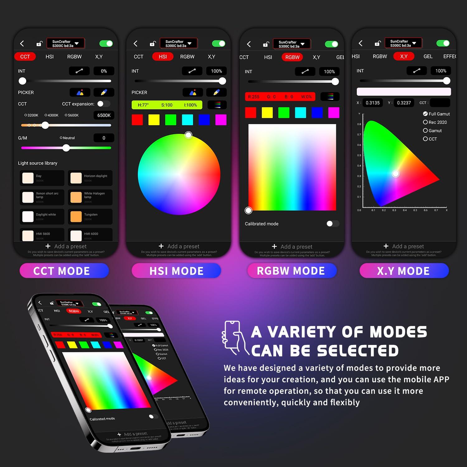 suncrafter SUNCRAFTER COB Video Light Bowen Mount, 300C 300W RGBACL 1,400K to 20,000K, 200B 310W Bi-Color 2,700K to 6,500K