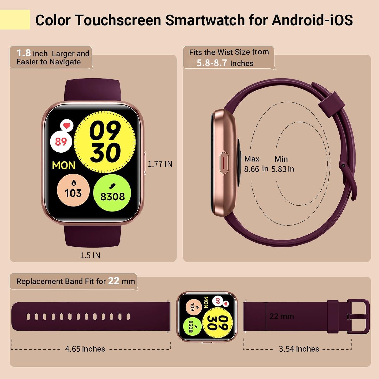 Quican Smartwatch for Women, Compatible with Android & iPhone, 1.8'' Fitness Tracker Watch with Alexa, Call & Notification Alerts, Heart Rate & Sleep Monitor, 120 Sports Modes, Waterproof Watch for Women