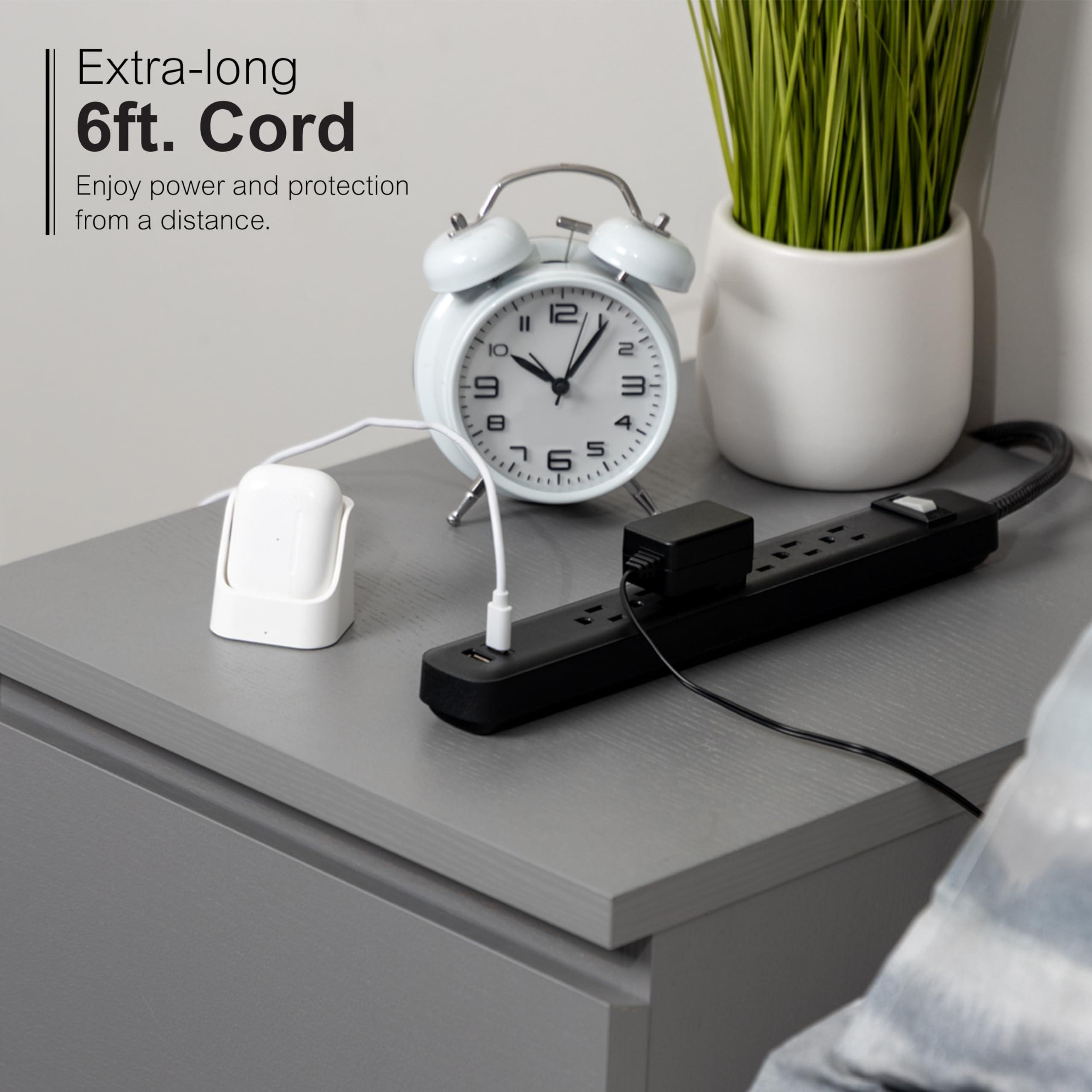 GE GE 6-Outlet Power Strip with USB, 1 USB-A, 1 USB-C, Outlet Extender, 6 Ft Braided Extension Cord, Flat Plug, Charging Station, Black, 82595