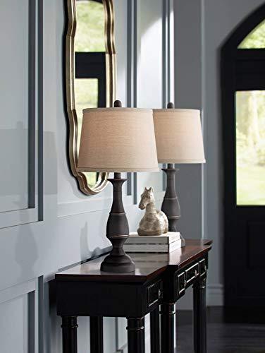 Regency Hill Regency Hill Ben Farmhouse Traditional Table Lamps 25" High Full Size Set of 2 Dark Bronze Brown Metal Beige Linen Drum Shade Decor for Living Room Bedroom House Bedside Nightstand Home Office