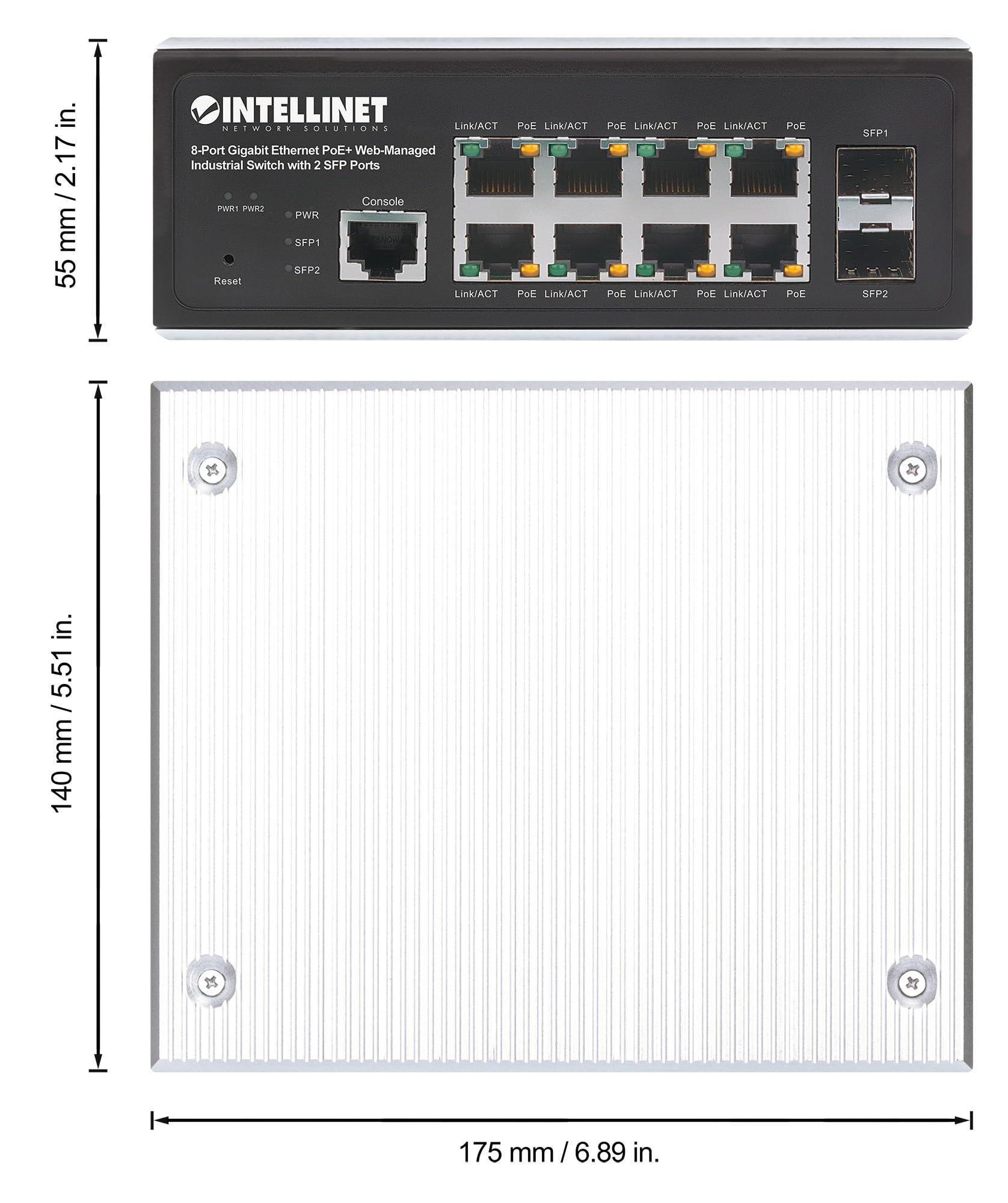 Intellinet Intellinet 8-Port Web-Managed Industrial Gigabit Ethernet PoE+ Switch with 2 SFP Ports - IP30 Rated, 240W Max Power Budget, Desktop DIN-Rail Mount in Harsh Places - 3 Yr Mfg Warranty-508278
