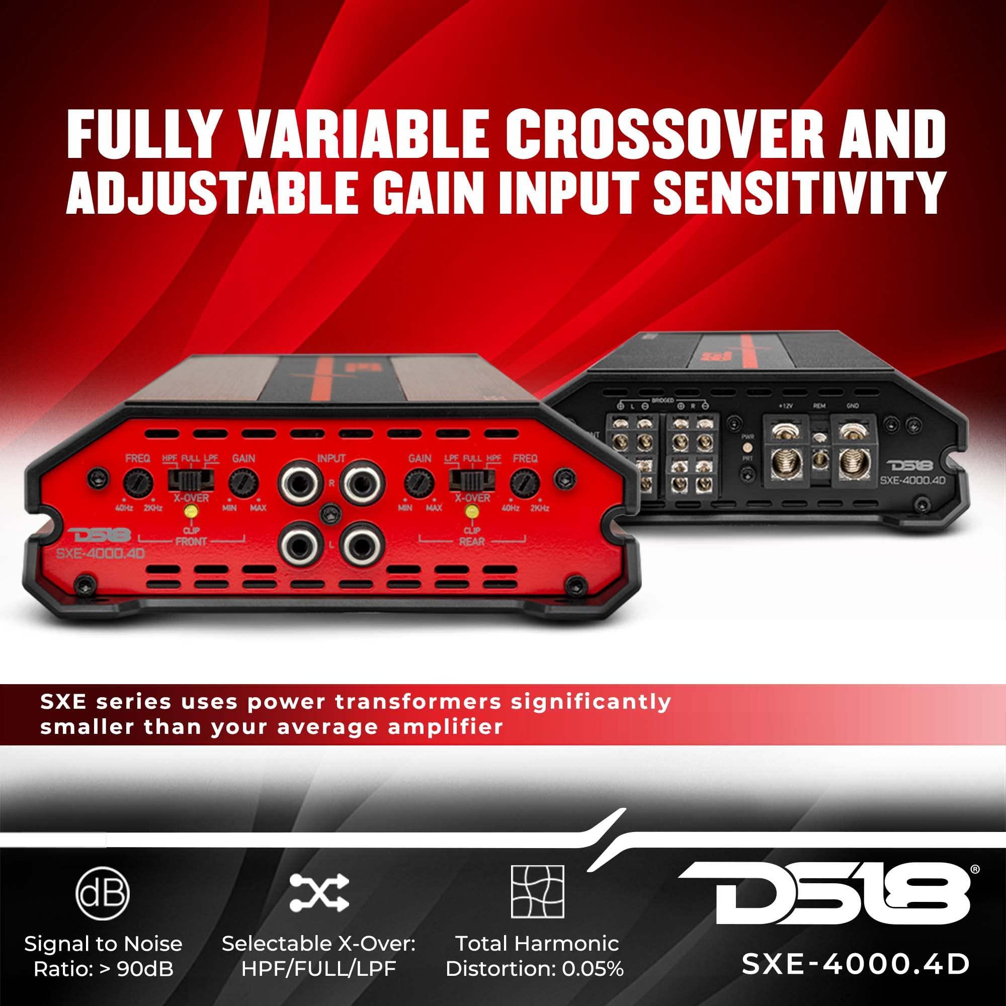 DS18 DS18 SXE-4000.4D/BK Car Amplifier Stereo Full-Range Class D 4-Channel 275x4 RMS @4 OHM 4000 Watts - Powerful and Compact Amp for Speakers in Car Audio System