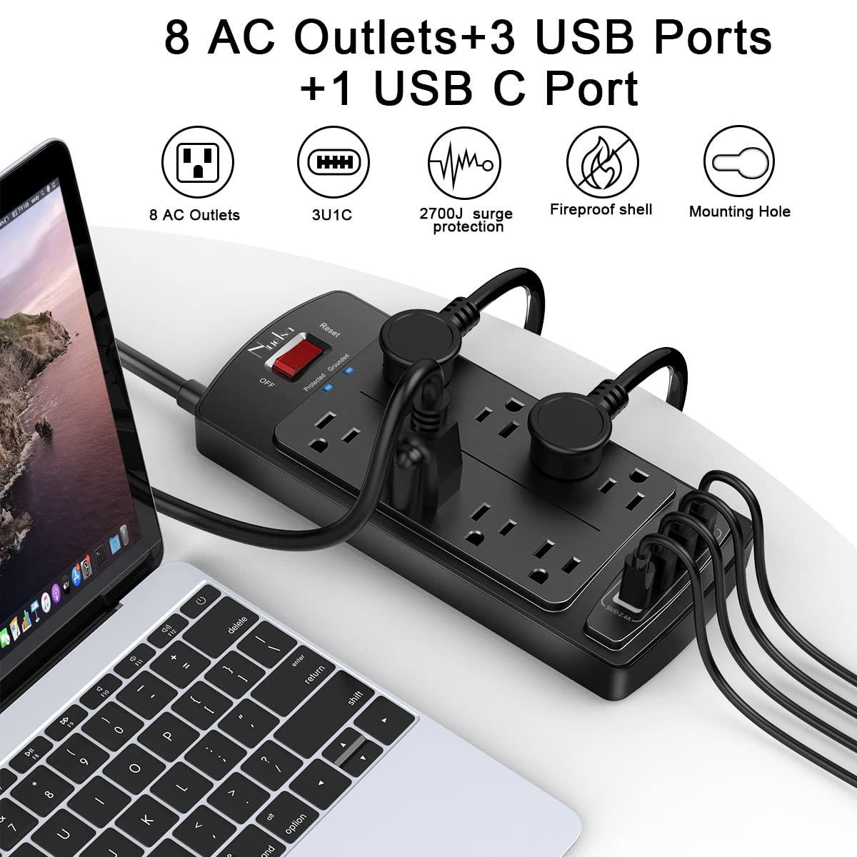 Nuetsa Surge Protector Power Strip - Nuetsa Flat Plug Extension Cord with 8 Outlets and 4 USB Ports, 6 Feet Power Cord (1625W/13A), 2700 Joules, ETL Listed, Black