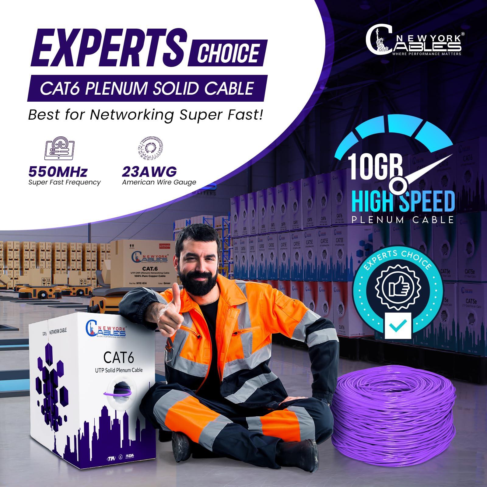 NewYork Cables NewYork Cables | CAT6 Plenum Cable 1000ft (CMP) | UTP, 550MHz, 23AWG, 4Pair UTP 10GB Internet Cable | Quality Tested Bulk Ethernet Cable for Networking & Gaming (Purple)