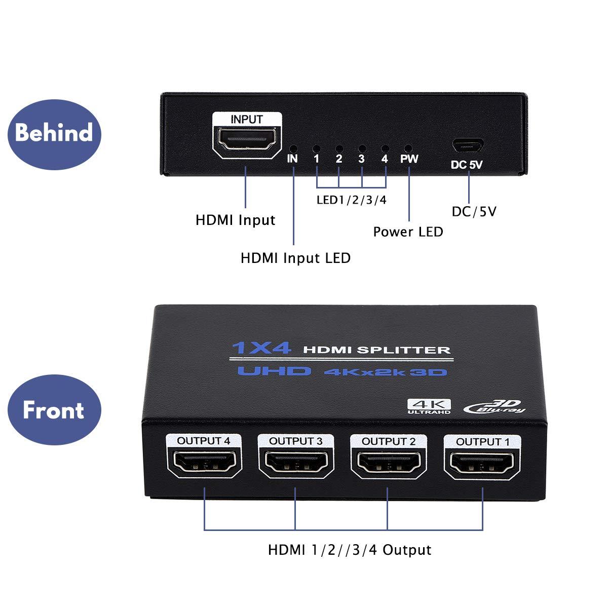 ENBUER 1x4 HDMI Splitter, 1 in 4 Out HDMI Splitter Audio Video Distributor Box Support 3D & 4K x 2K Compatible for HDTV, STB, DVD, PS3, Projector Etc, Duplicate/Mirror Screen Only (Not Extend)