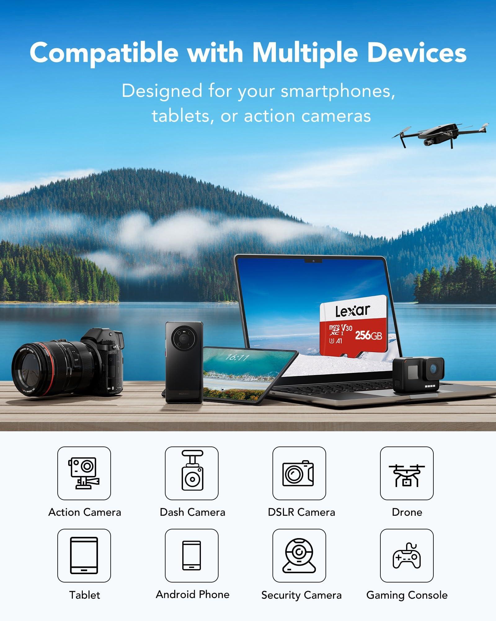 Lexar Lexar E-Series 256GB Micro SD Card, microSDXC UHS-I Flash Memory Card with Adapter, 100MB/s, C10, U3, A1, V30, Full HD, 4K UHD, High Speed TF Card