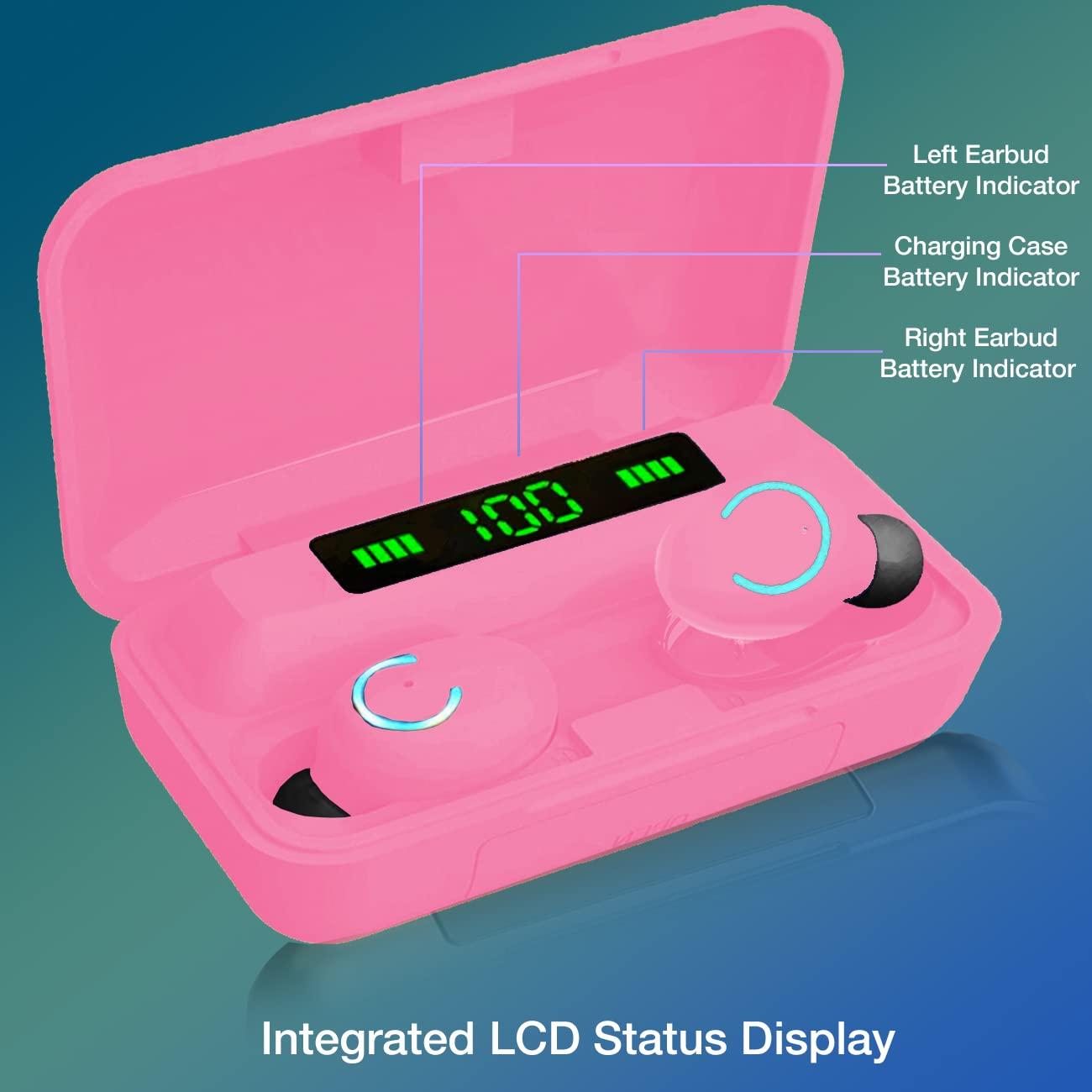 eDealz eDealz 5.0 IPX7 Waterproof Earbud Headphones with Microphone, Rechargeable Smart Charging Case Powerful Surround Stereo Bass and Passive Noise Cancelling (Pink)