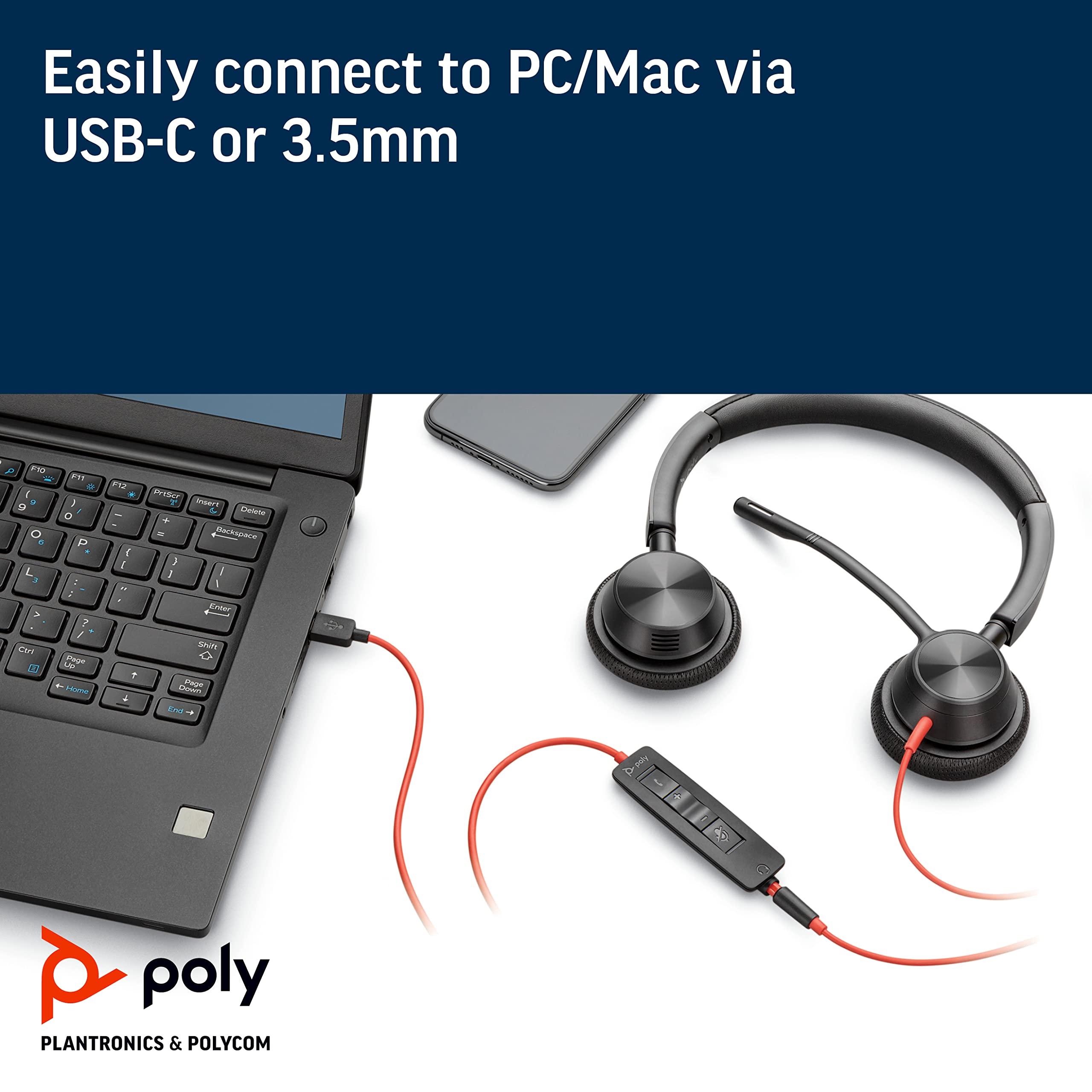 Poly Plantronics - Blackwire 3325 Wired Stereo USB-C Headset with Boom Mic (Poly) - Connect to PC/Mac via USB-C or Mobile/Tablet via 3.5 mm Connector - Works with Teams, Zoom & More