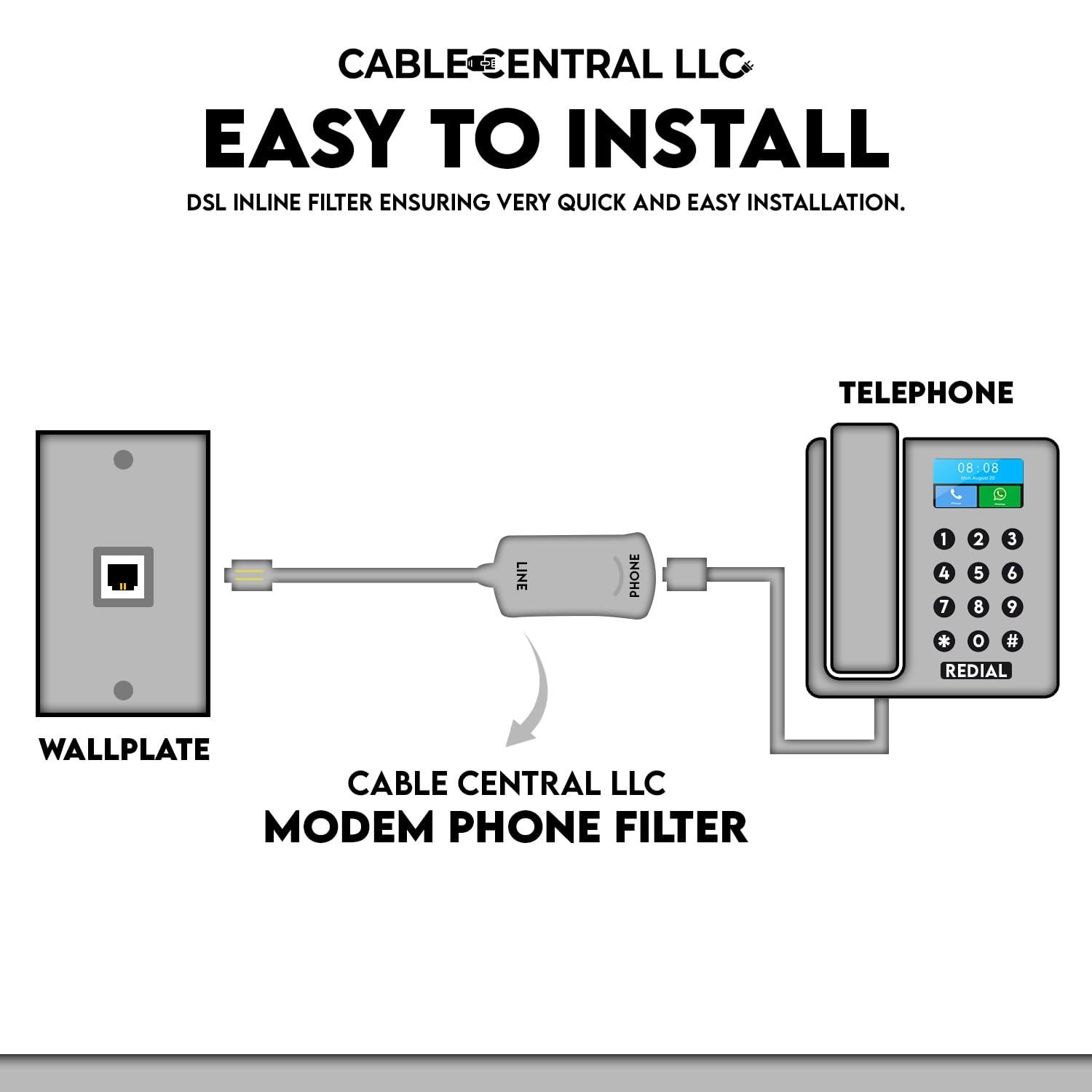 Cable Central LLC Cable Central LLC Inline DSL Filter (10 Pack) White - DSL Modem Phone Filter for Answering Machine, Fax Machine, Telephones Landline - DSL Jack for Interference Elimination and Static Noise Blocker