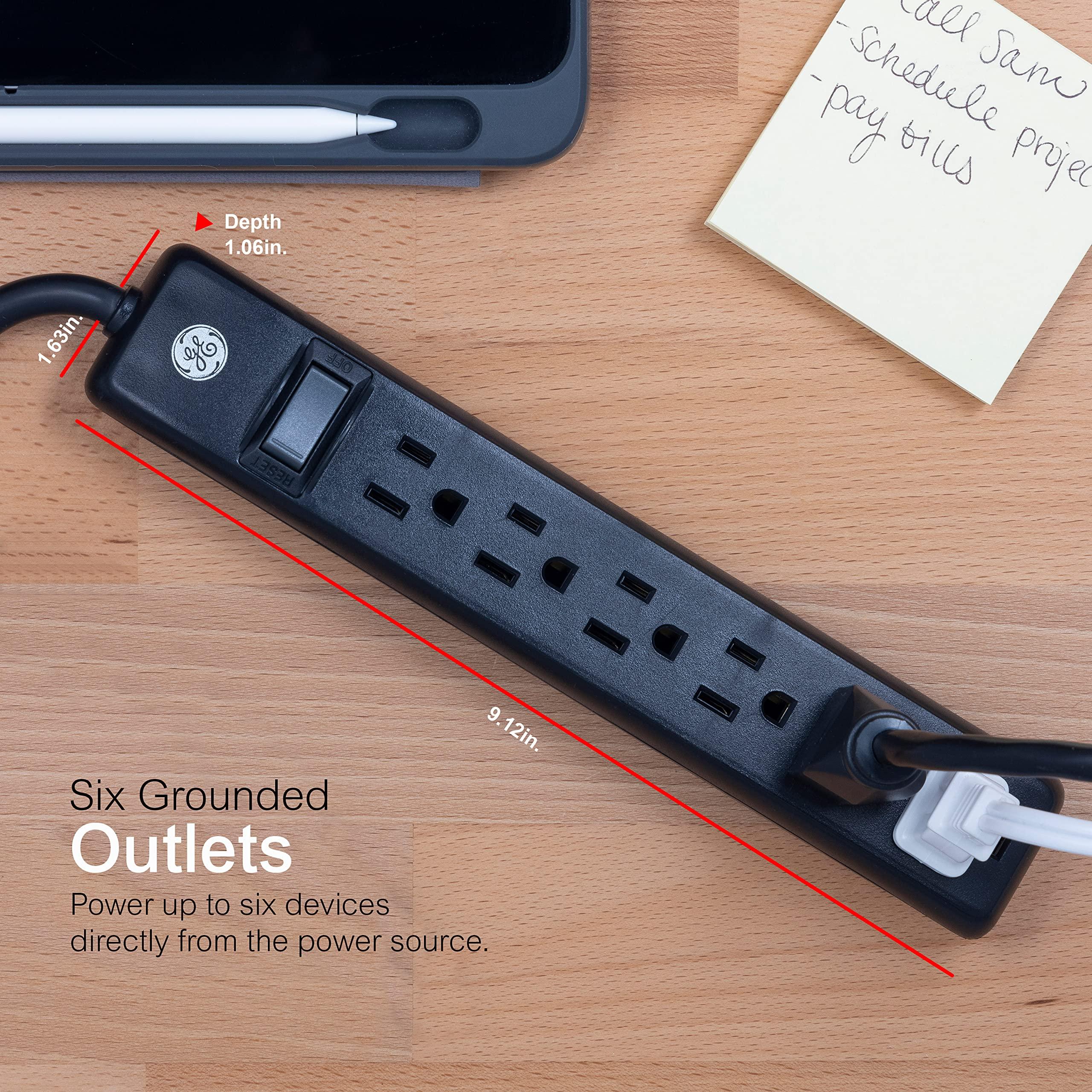 GE GE 6-Outlet Power Strip, 7 Ft Power Cord, Flat Plug, 3 Prong Outlet, UL Listed, Black