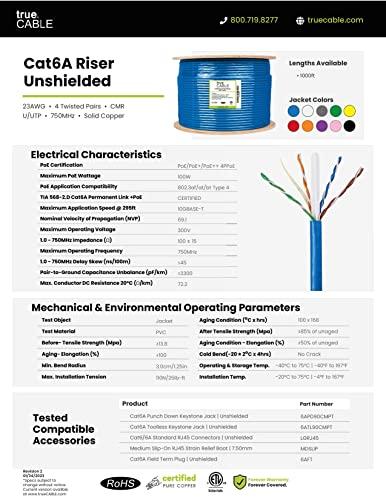 TRUE CABLE trueCABLE Cat6A Riser (CMR), 1000ft, Gray, 23AWG 4 Pair Solid Bare Copper, 750MHz, PoE++ (4PPoE), ETL Listed, Unshielded Twisted Pair (UTP), Bulk Ethernet Cable
