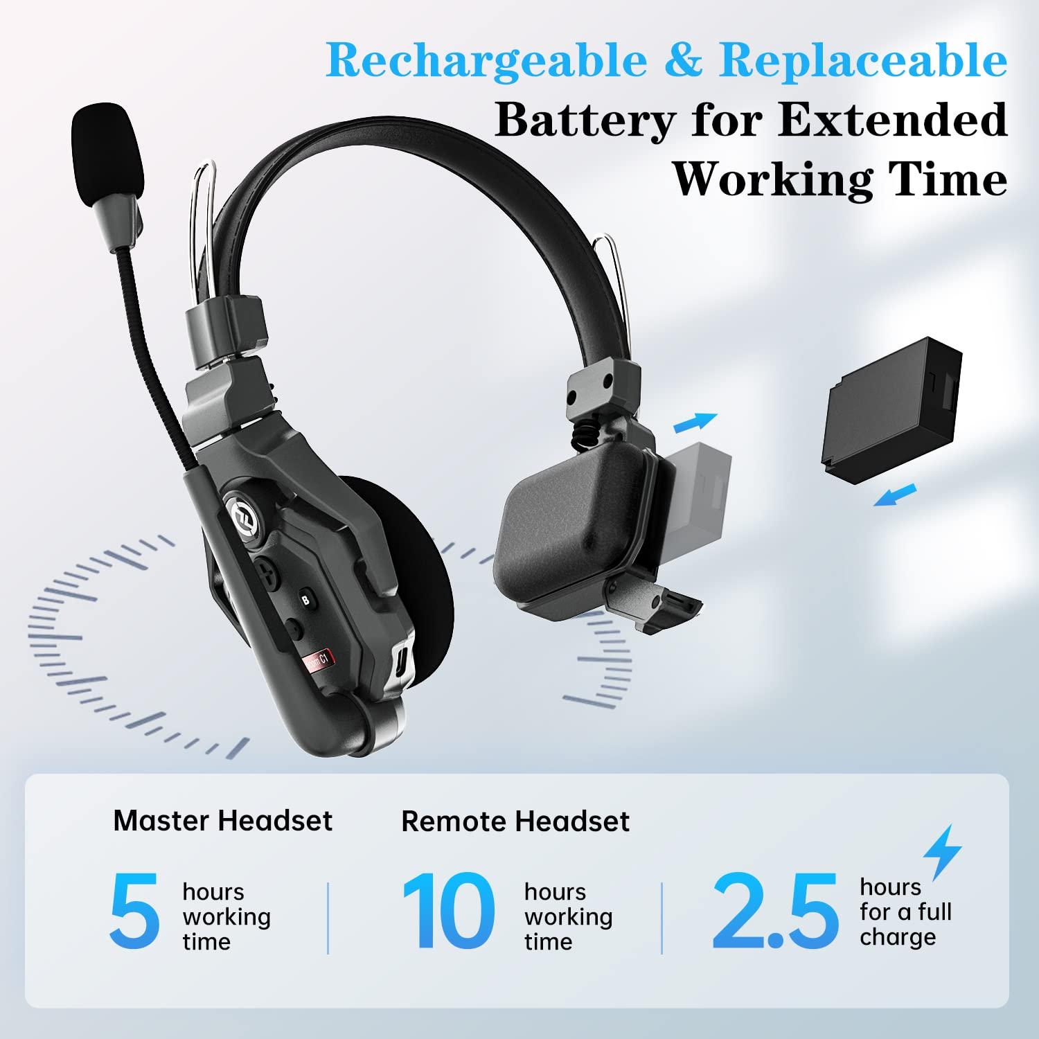 HollyView Hollyland Solidcom C1 2 Users 1100ft Full-Duplex Wireless Headset Intercom System for Team Communication Group Talk Single-Ear Headset with 1 Master & 1 Remote Headsets (C1-2S)