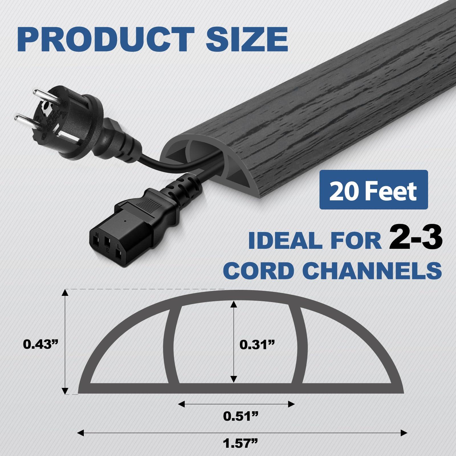 EYAYEN Floor Cord Cover for Wires on Floor Self Adhesive Cord Hider Floor Cable Management Wire Covers for Cords Protector Prevent Cable Trips Cord Cavity W 0.51\" x H 0.31\", Deep Gray Wood, 20Ft