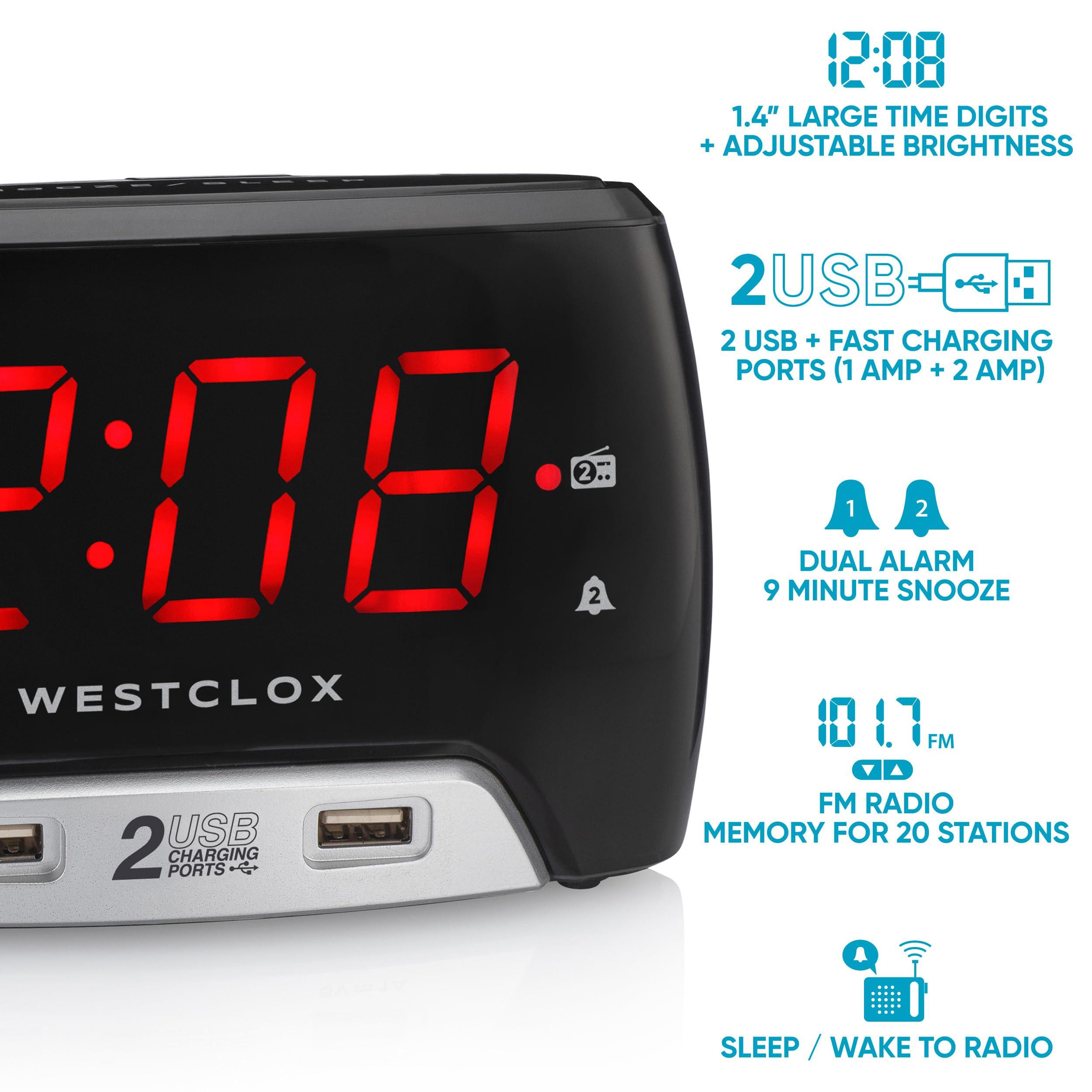 Westclox Westclox Basic Large 1.4 red LED Digital FM Clock Radio 2 USB Charging Port with Fast Charge for Bedroom, Home or Office Model# 80227WM