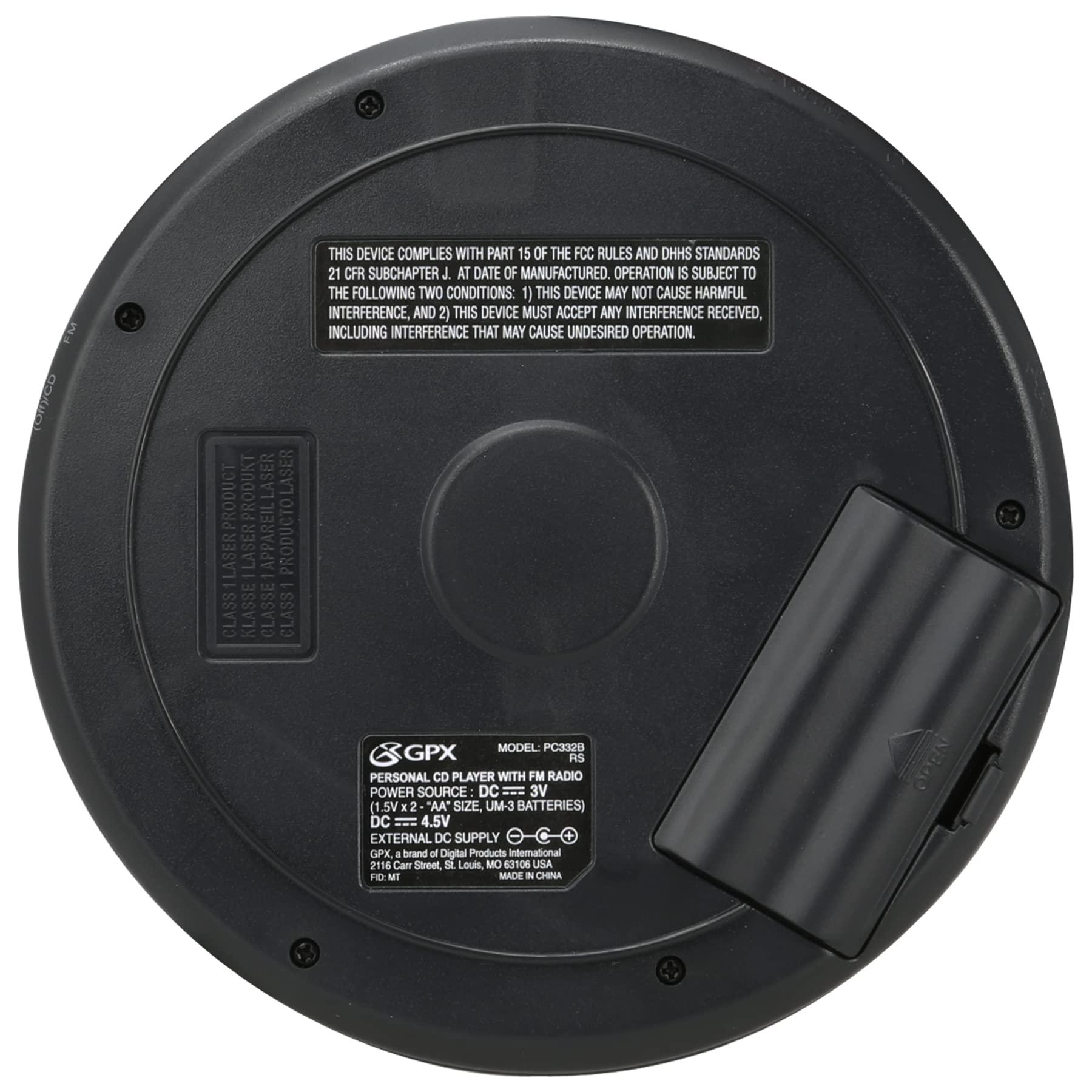 GPX GPX PC332B Portable CD Player with Anti-Skip Protection, FM Radio and Stereo Earbuds - Black