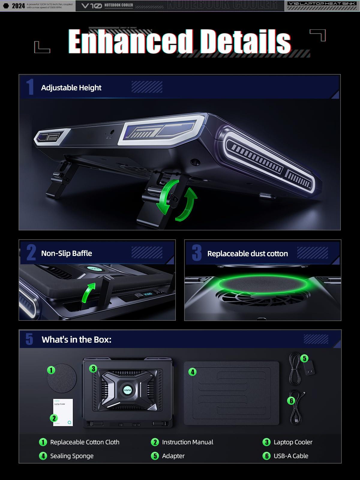 llano llano Laptop Cooler, Gaming Laptop Cooling Pad with 3500RPM Turbofan, 4.72 Inch External Fan Laptop Stand, Adjustable Variable Speed, Button Control, Seal Foam for Rapid Laptop13-17.3in, V10, Black